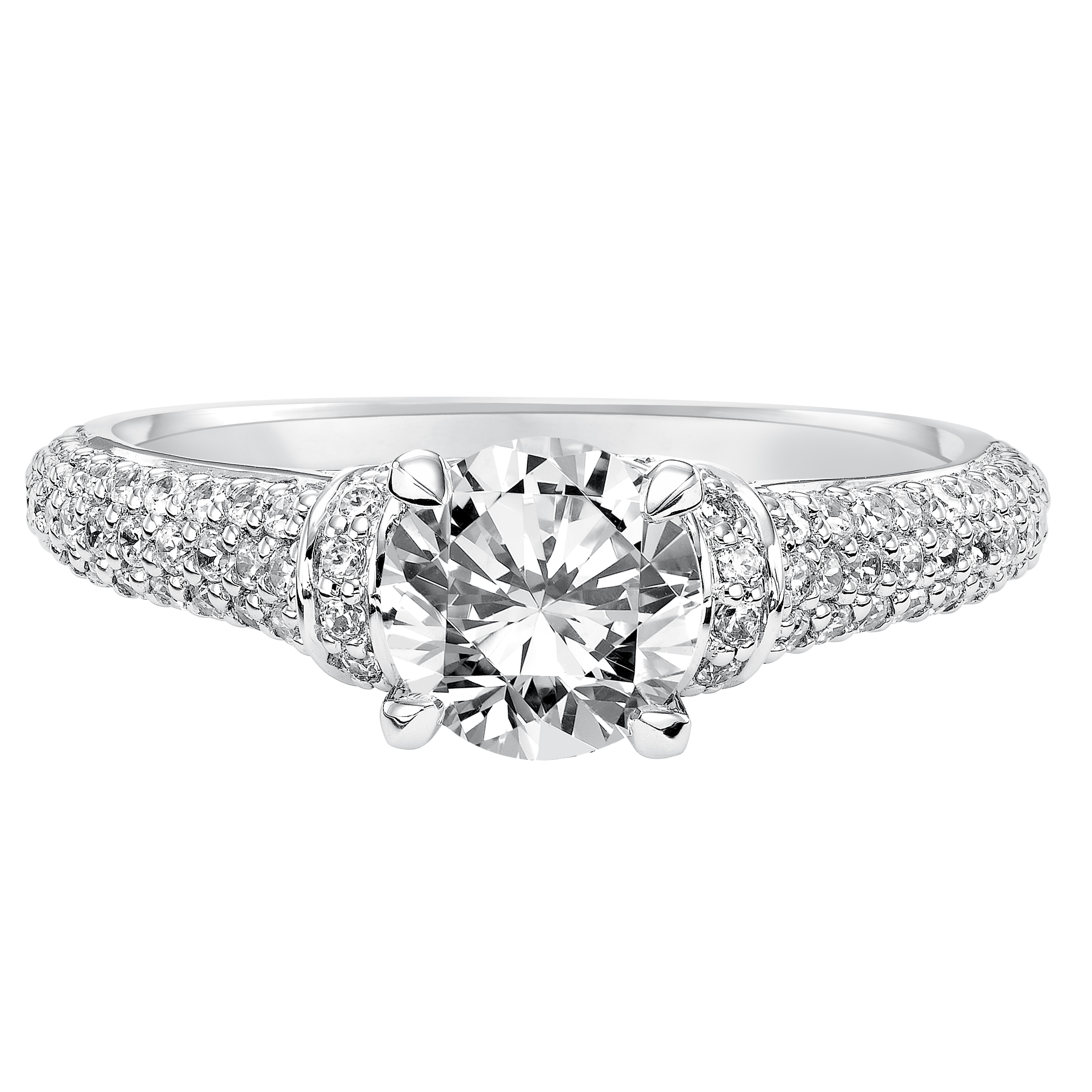 This engagement ring is infused with intricate diamond pave embracing the center diamond stone and elegant pave diamond band