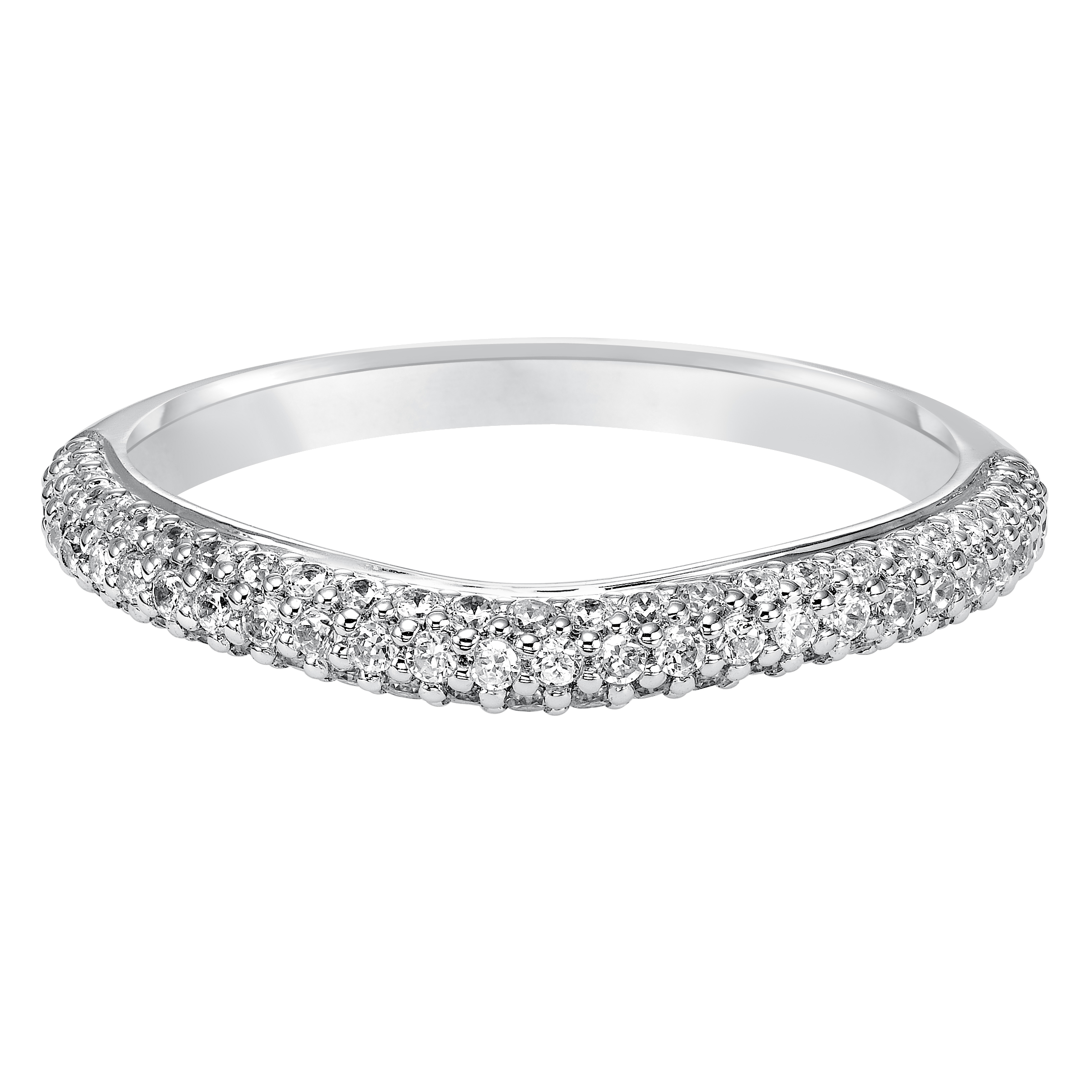 Wedding band with multi-row, pave set, round diamonds.