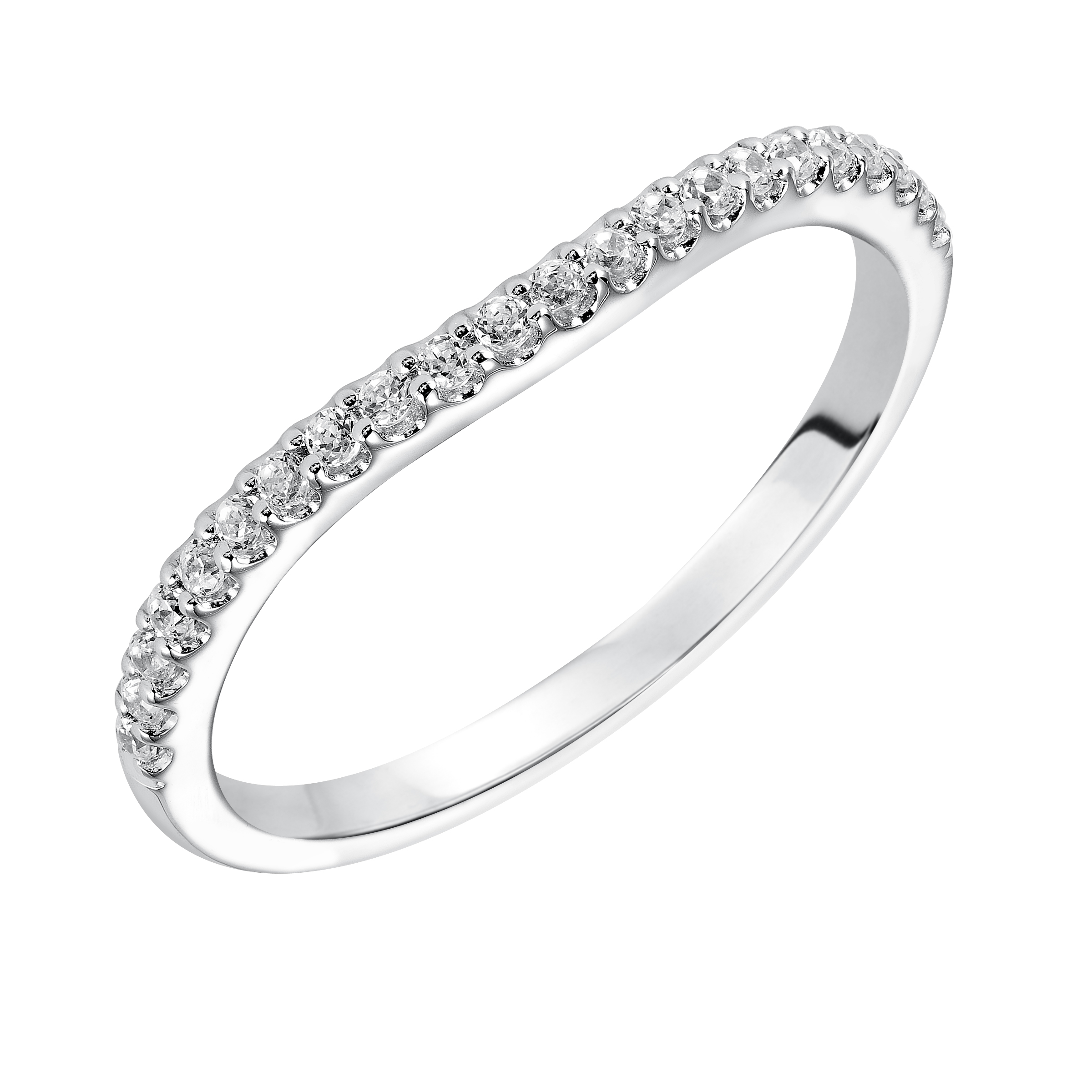 Wedding band with shared prong set, round diamonds and curved design to fit flush with matching engagement ring.