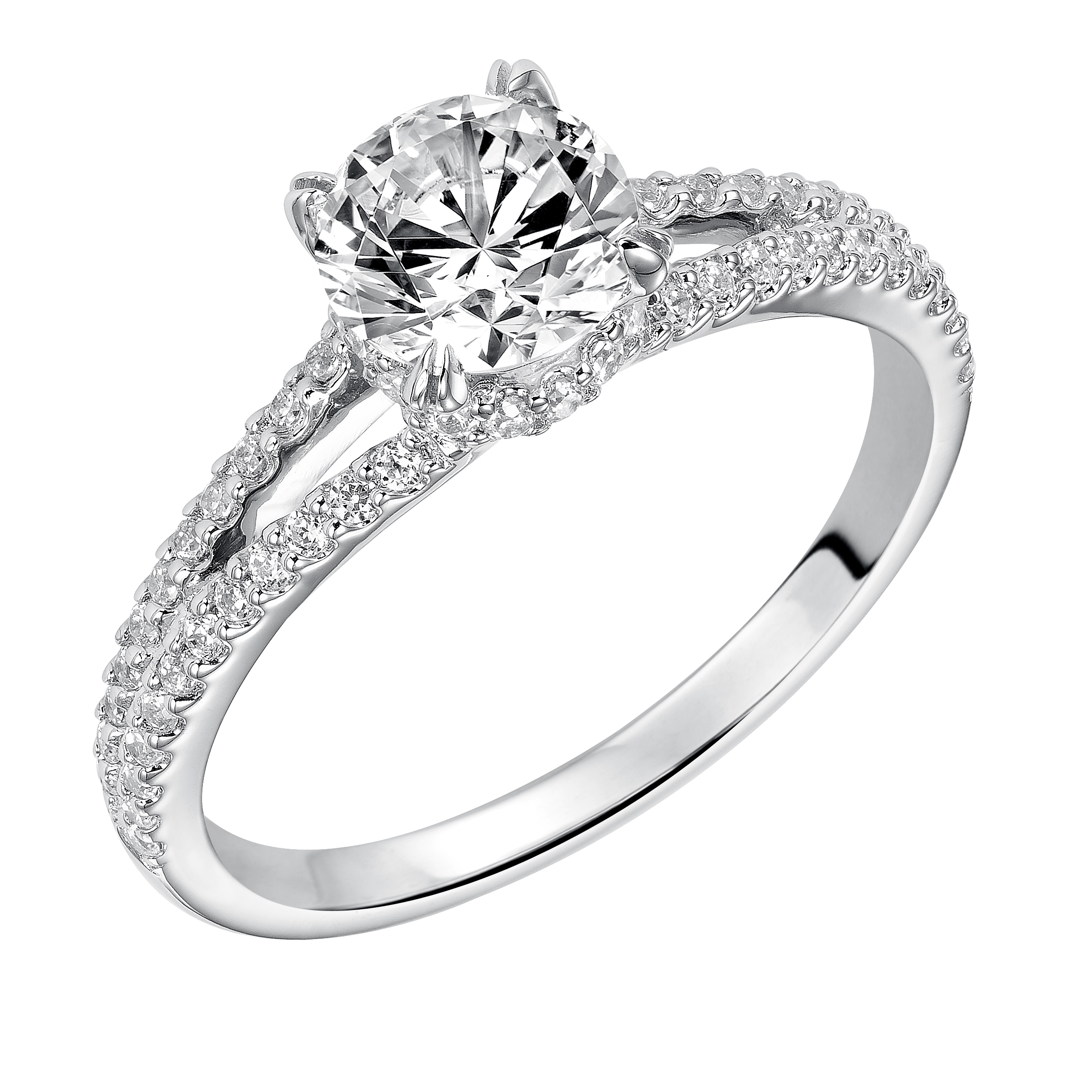 This charming diamond prong set split band design features an elegant diamond tiara accent crowning the center diamond