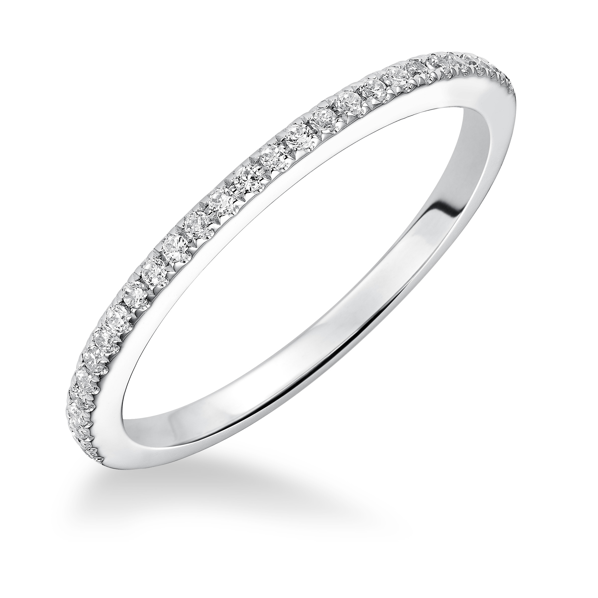 Wedding band with pave set, round diamonds.