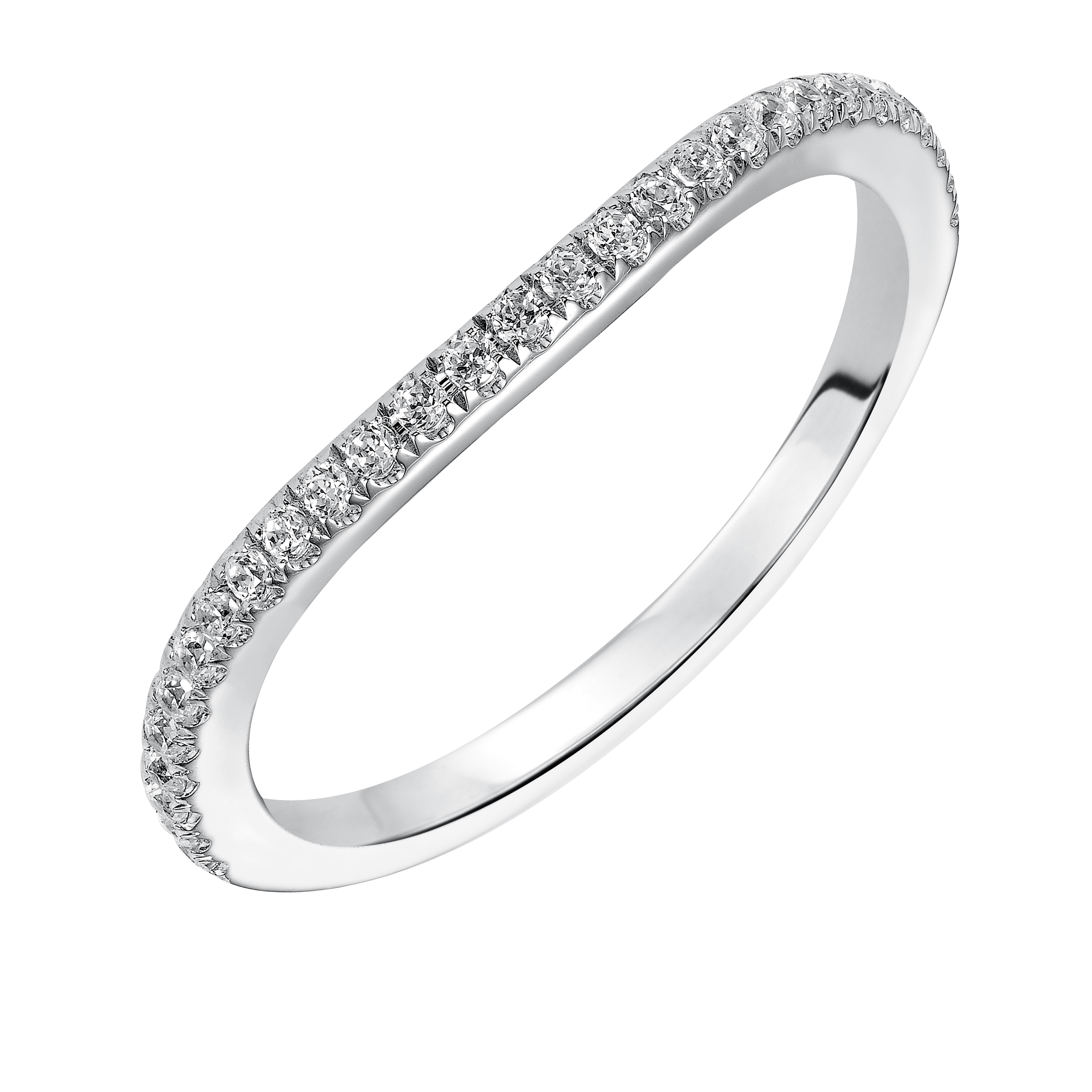 Wedding band with pave set, round diamonds and curved design to fit flush with matching engagement ring.