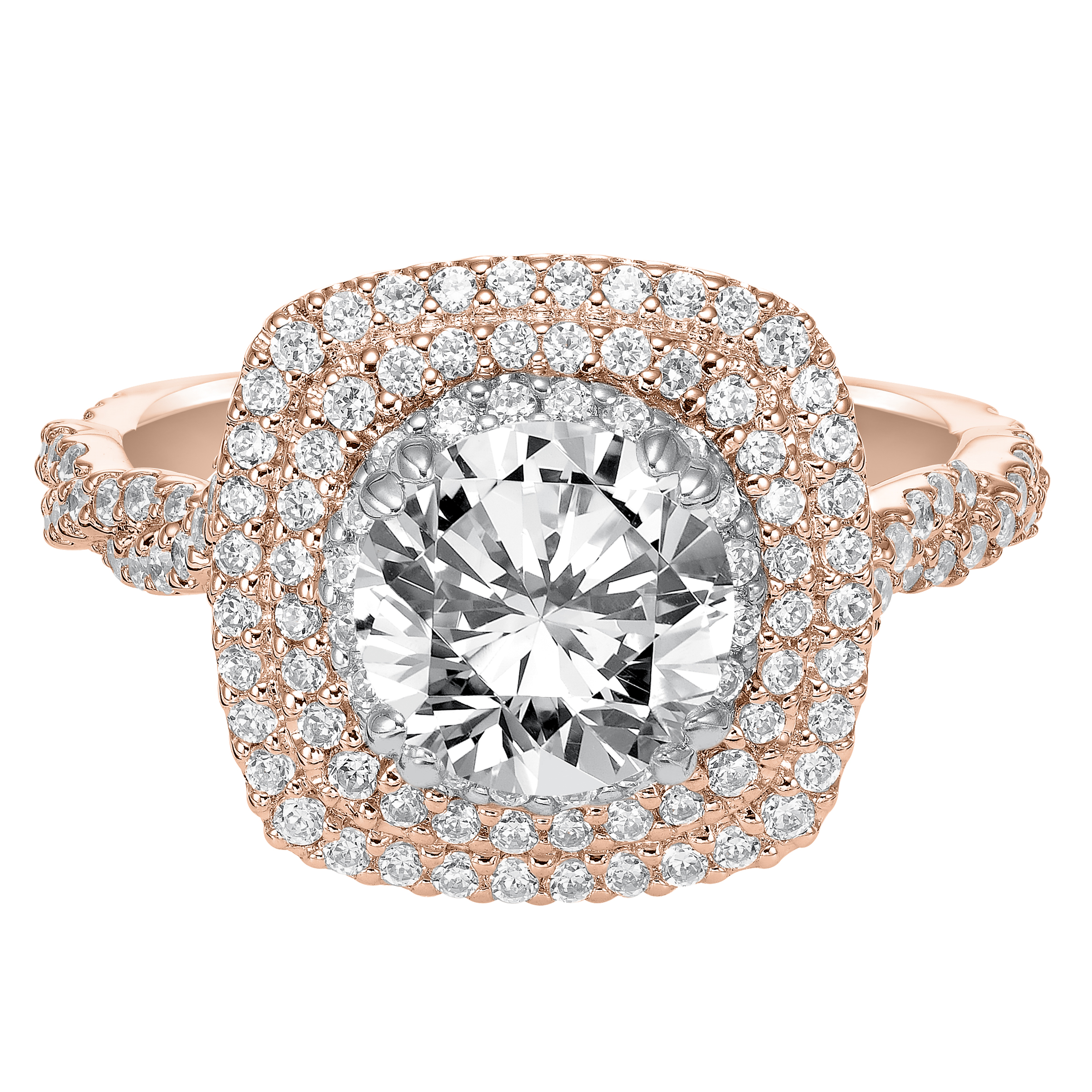 This engagement ring is truly spectacular with its double prong set diamond halo and delicate twist band design
