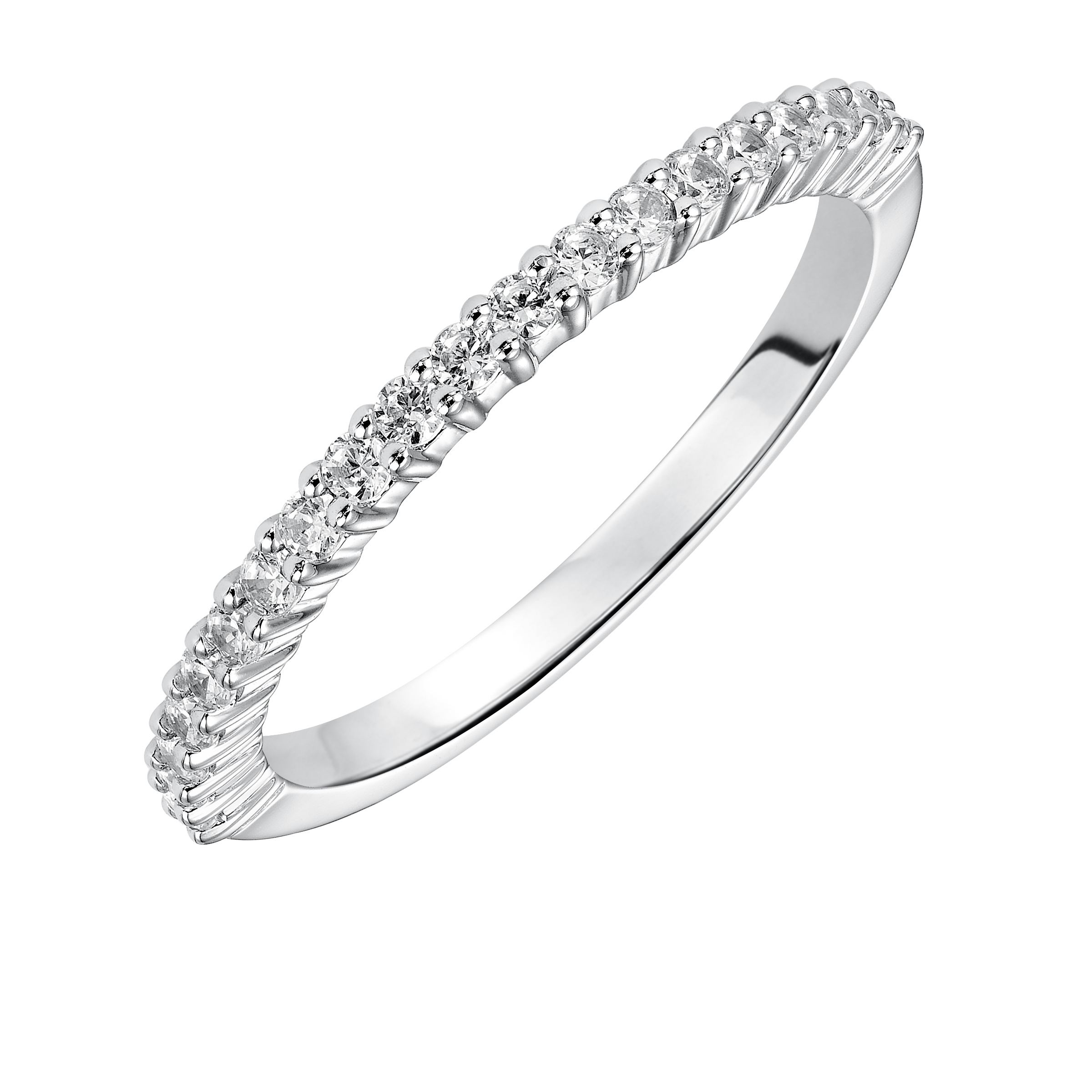 Wedding band with shared prong set, round diamonds.