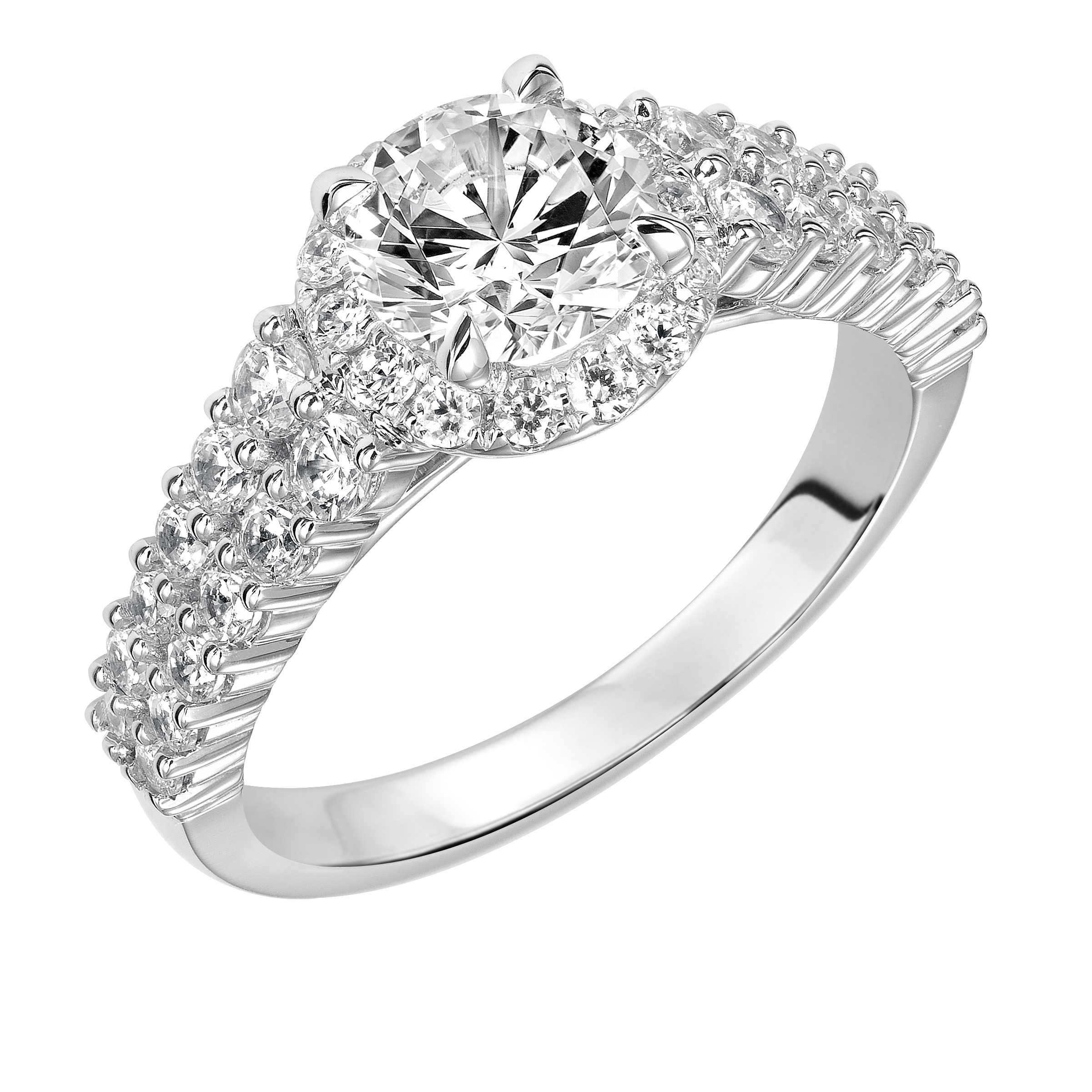 This impressive prong set diamond engagement ring dazzles brilliantly with its double row band and halo to accentuate the center diamond