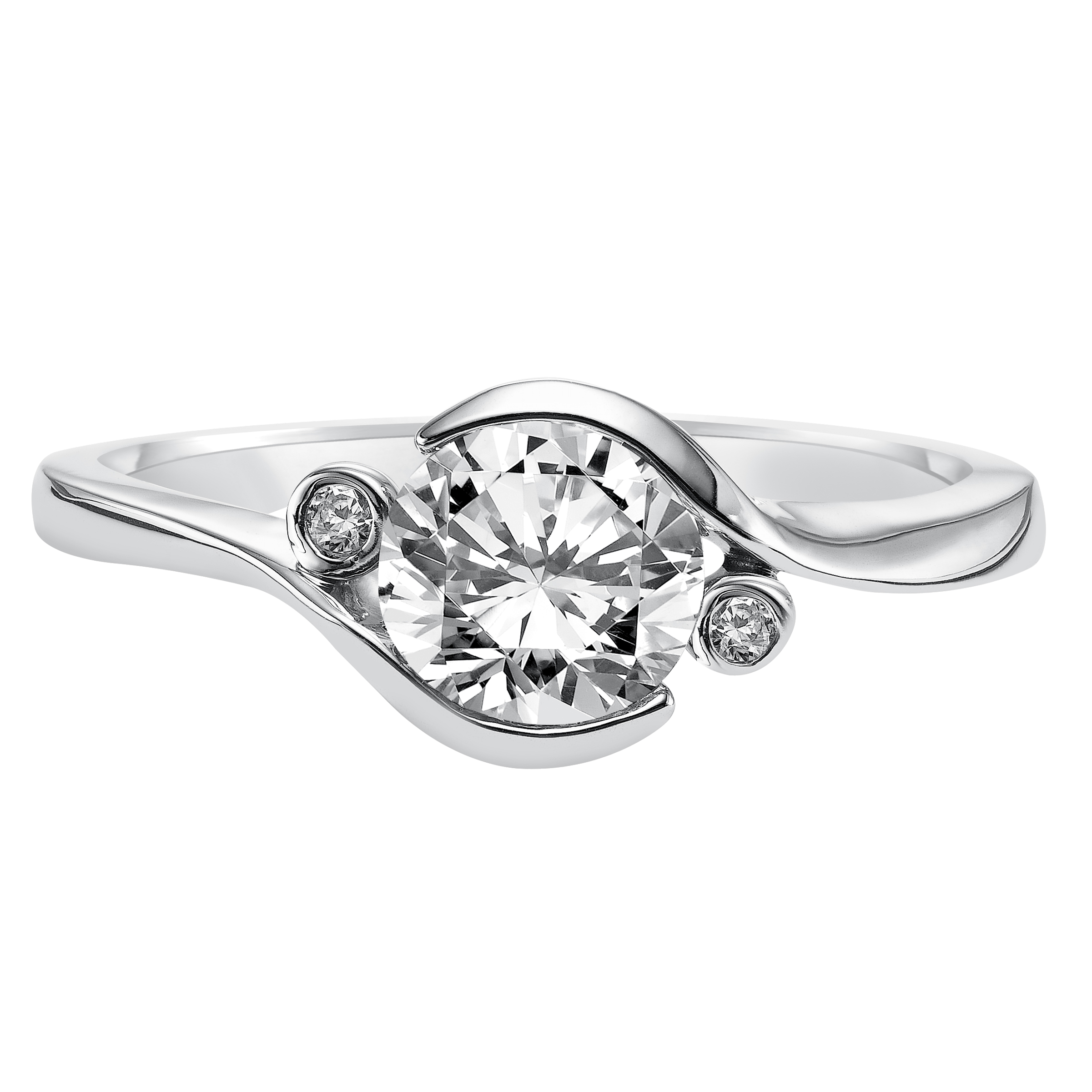 This captivating engagement ring features a brilliant round bezel set diamond with two complimentary bezel set diamonds and high polished band for a distinctively modern look