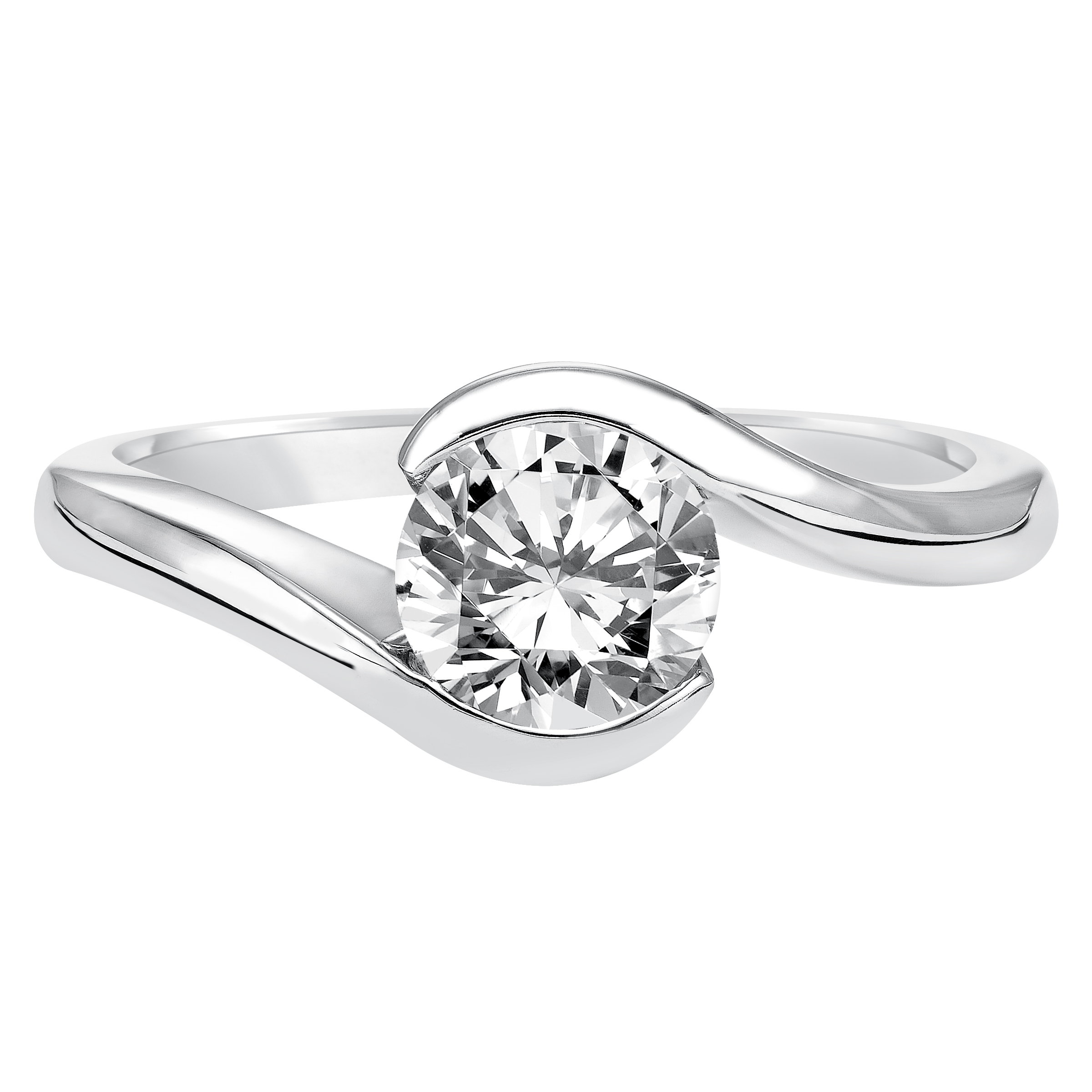 Modern and marvelous, this engagement ring features a floating bezel set round diamond with a gorgeous, high polished bypass band