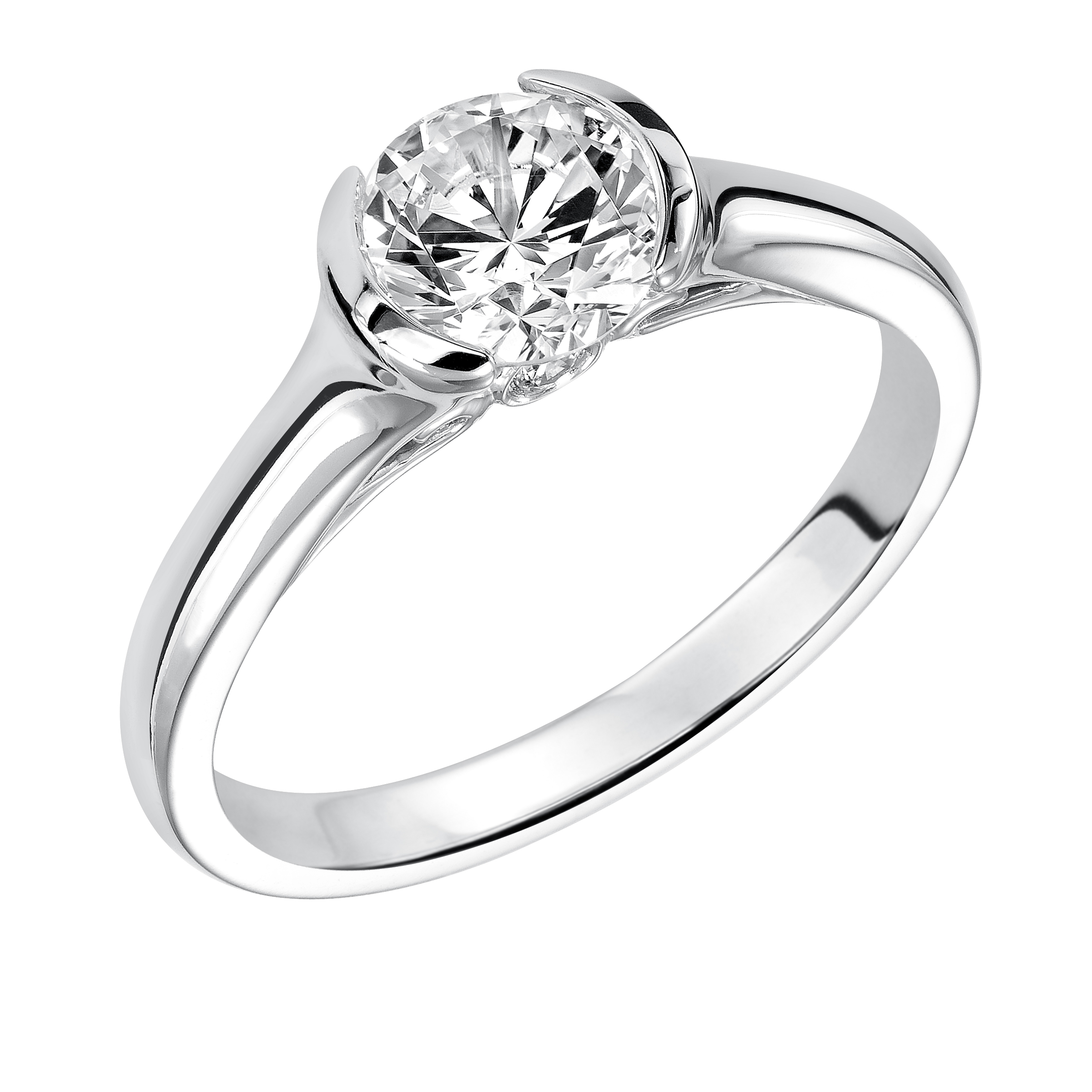 This exquisite half bezel set engagement ring features a classic, high polished band with an alluring surprise stone accent