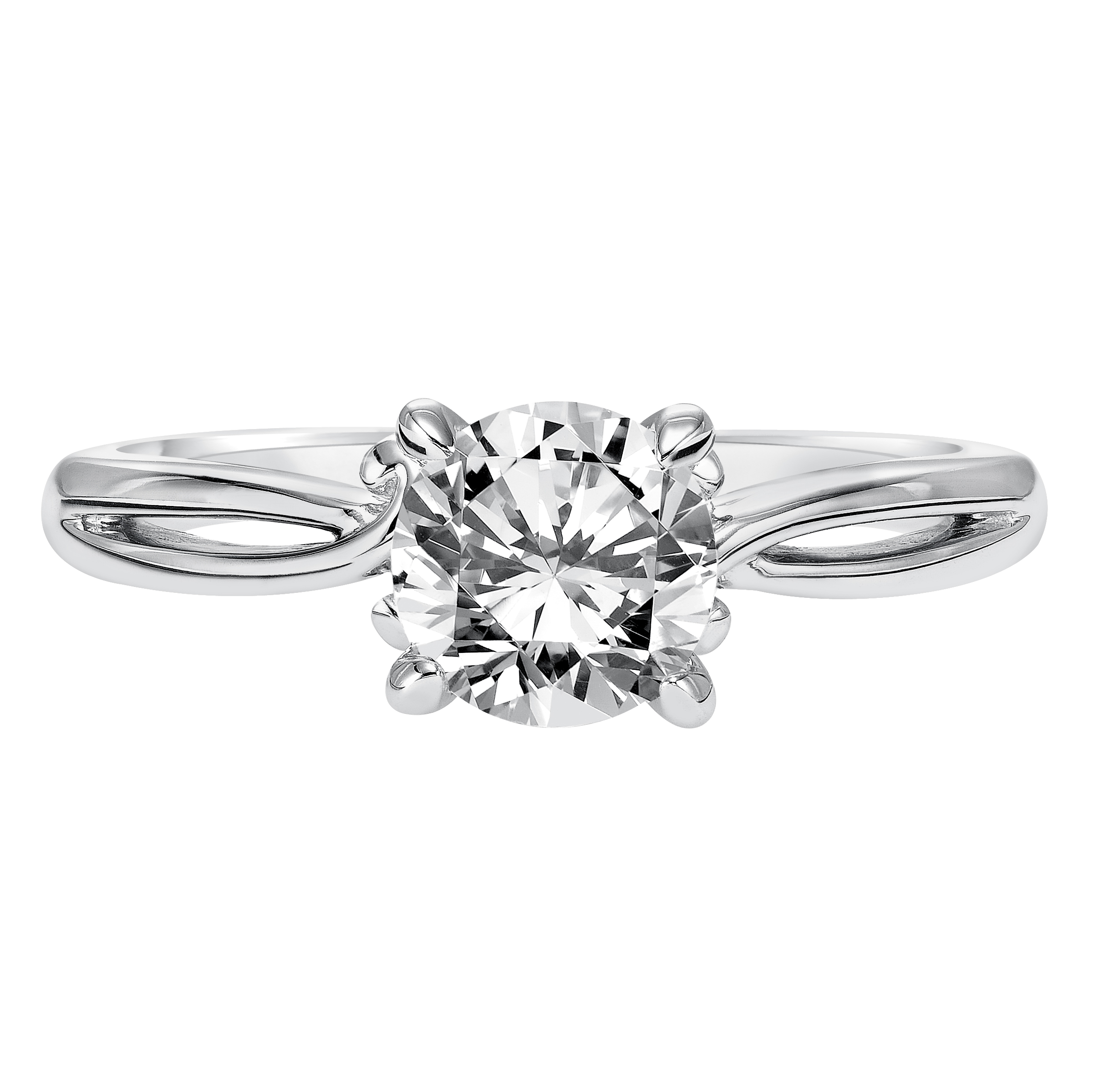 This unique solitaire engagement ring features an alluring high polished split band complimented with surprise diamond accents on its profile