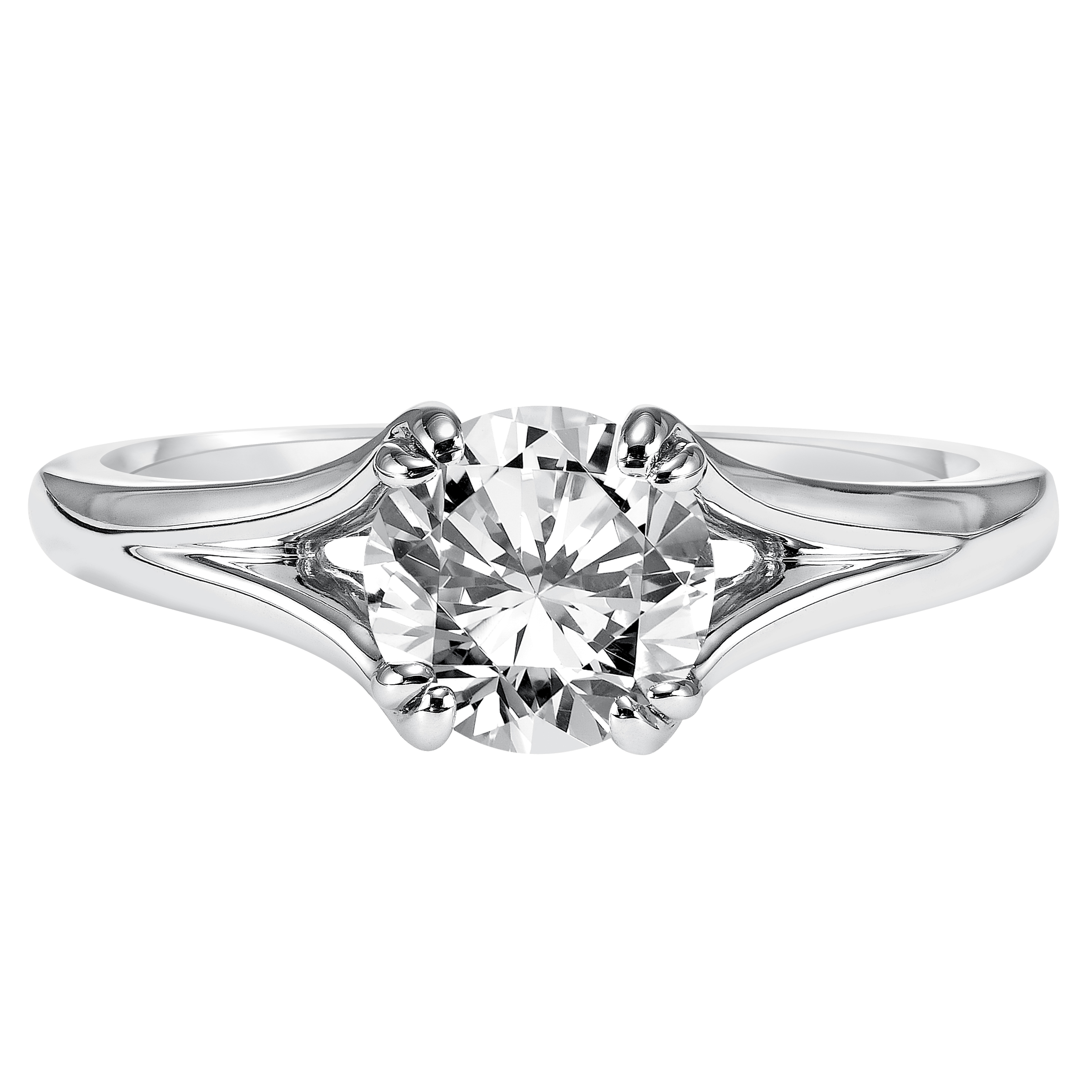 This engagement ring is simply elegant with its high polished split band and dazzling surprise stone all accentuating the center diamond perfectly
