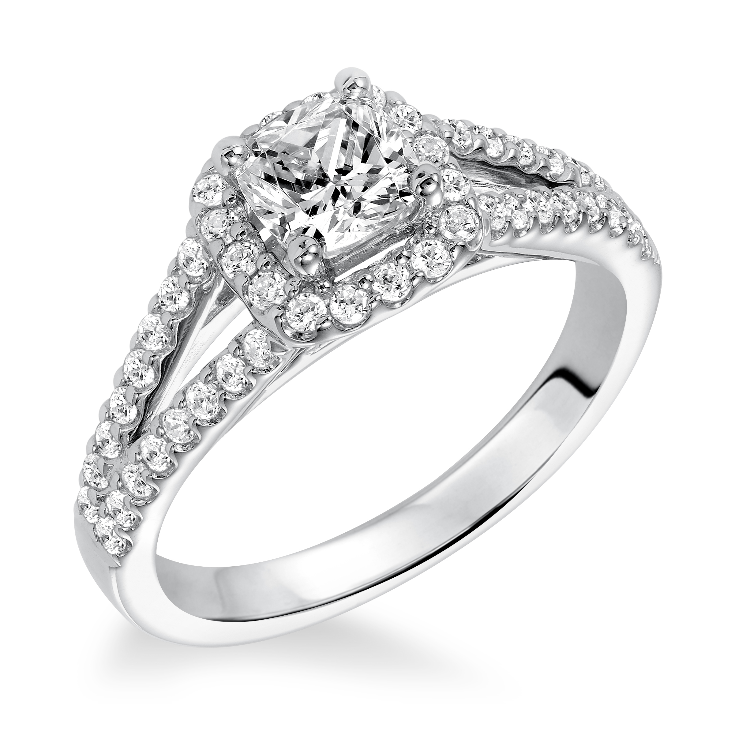 Diamond prong set halo with split shank engagement ring
