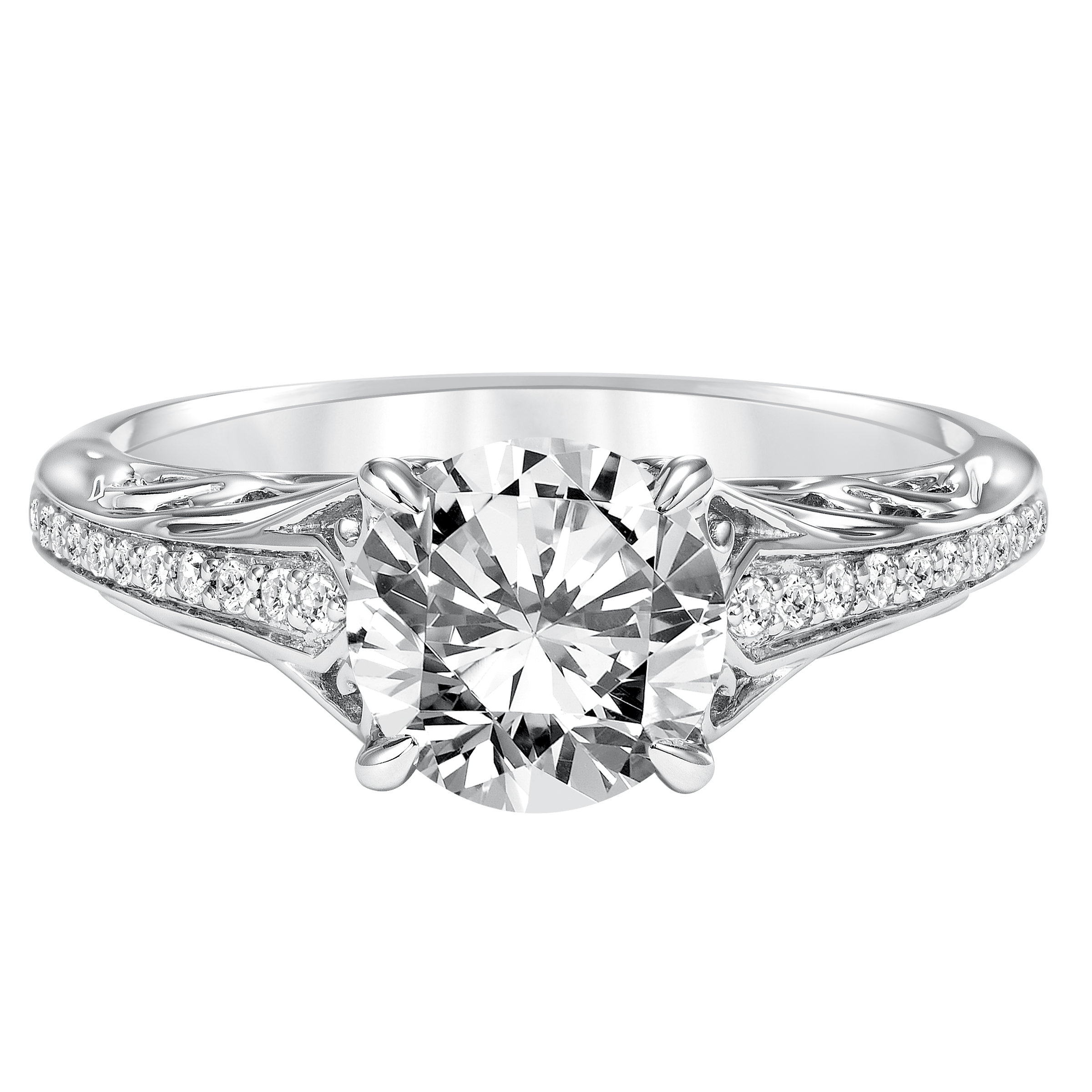 Diamond prong set filigree accent engagement ring