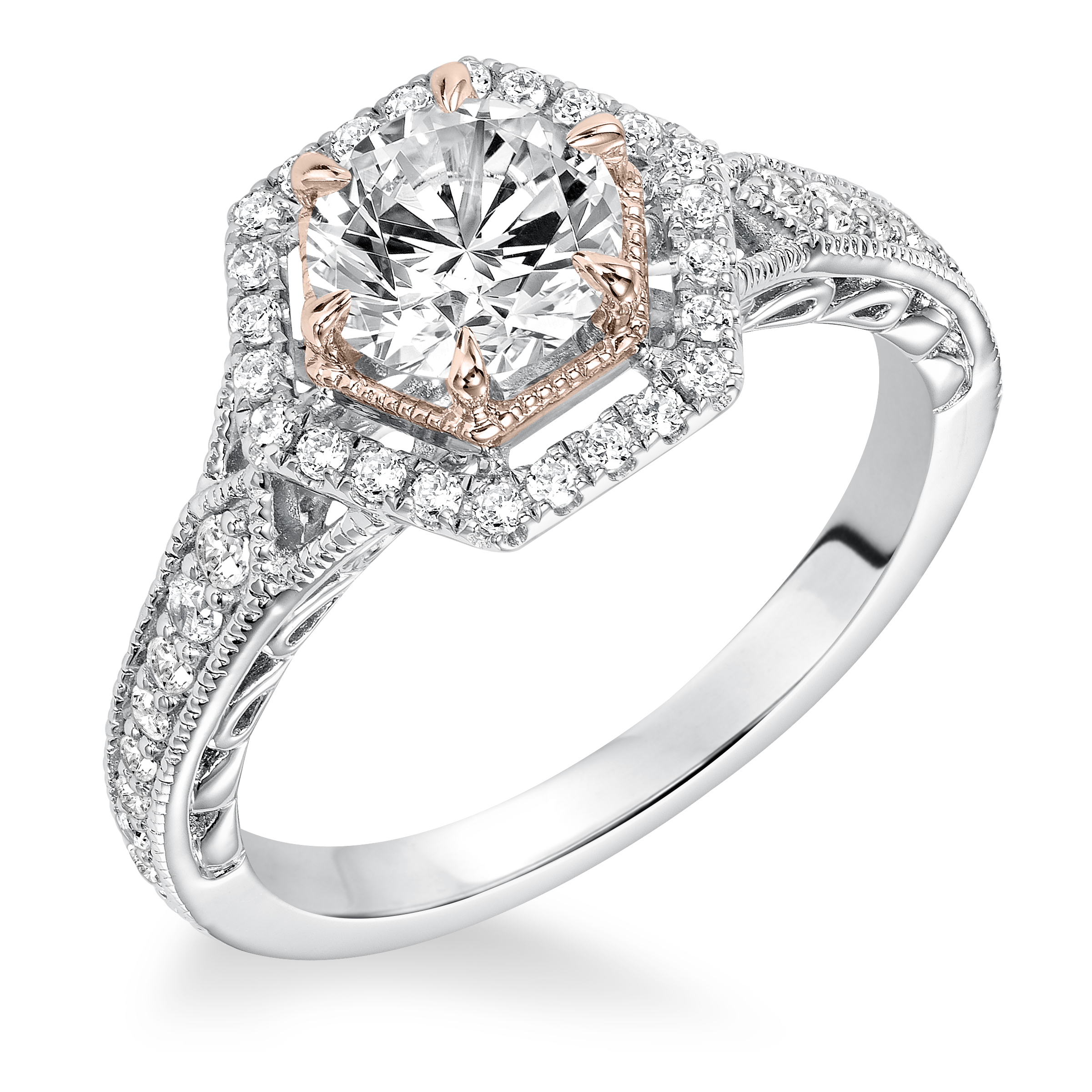 Two tone octagon shape diamond prong set halo with filgree accent engagement ring