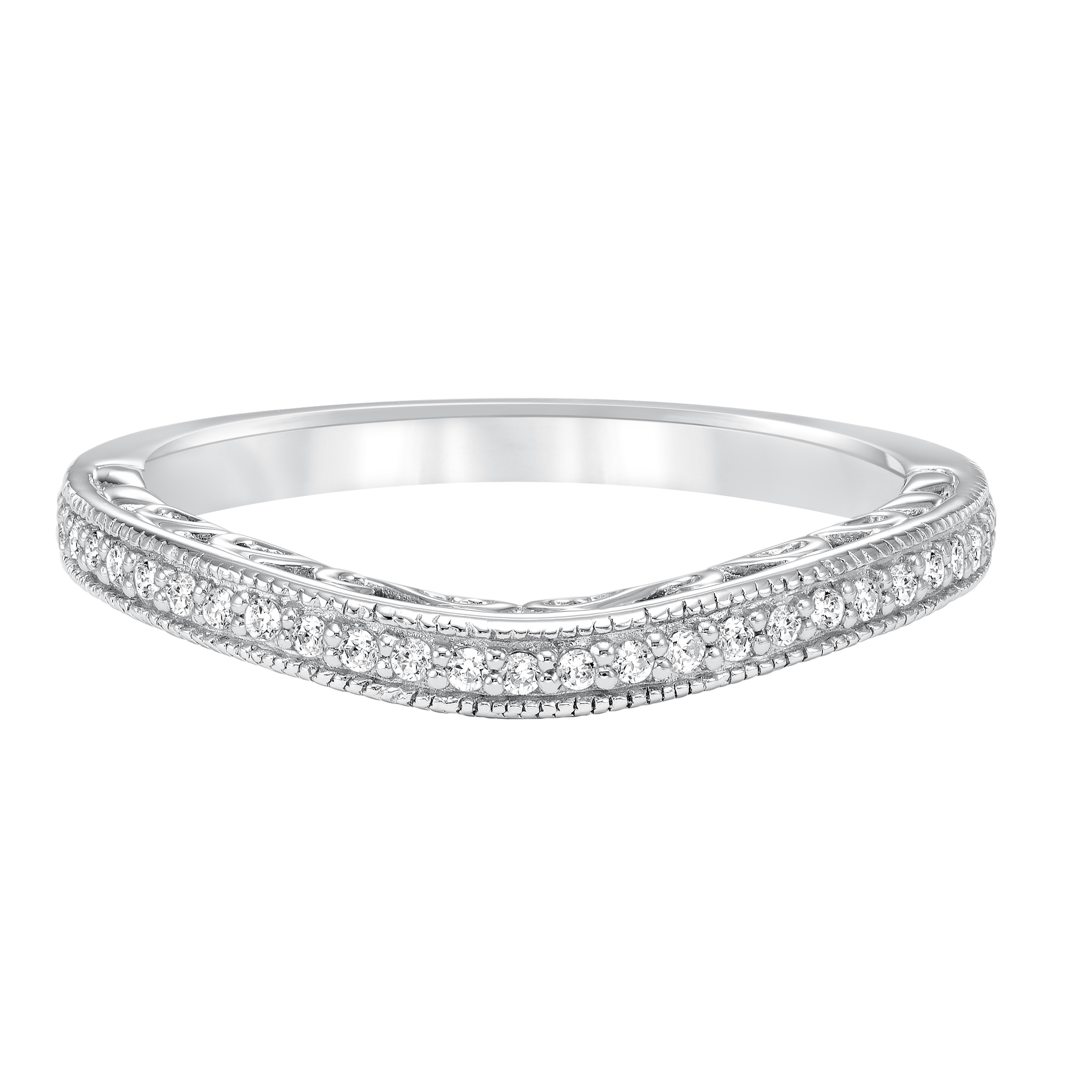 Curved diamond prong set with filgree accent wedding band