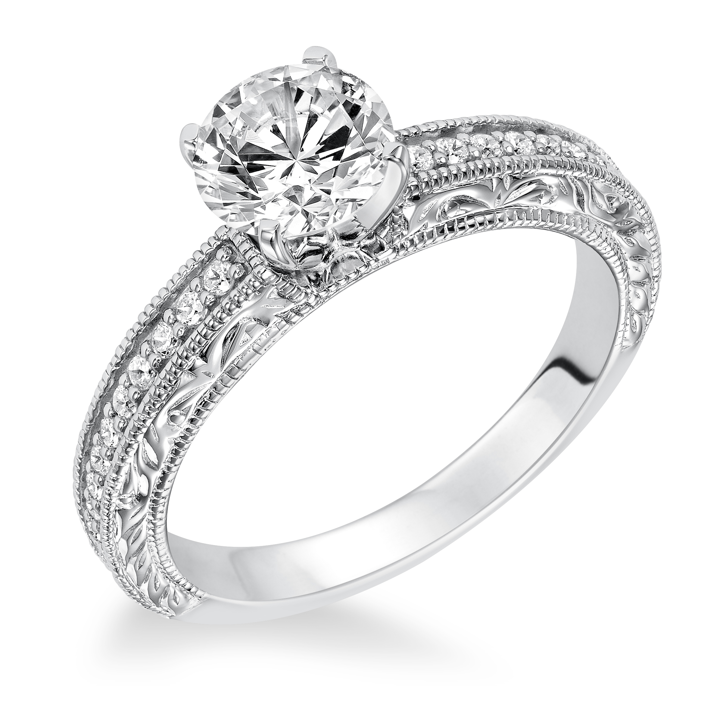 Diamond Prong Set Engraved and Milgrain Engagement Ring