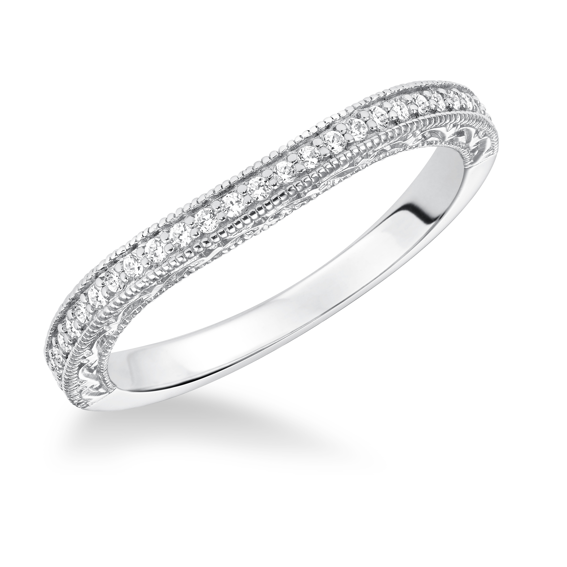 Curved Diamond Prong Set Engraved and Milgrain Wedding Band