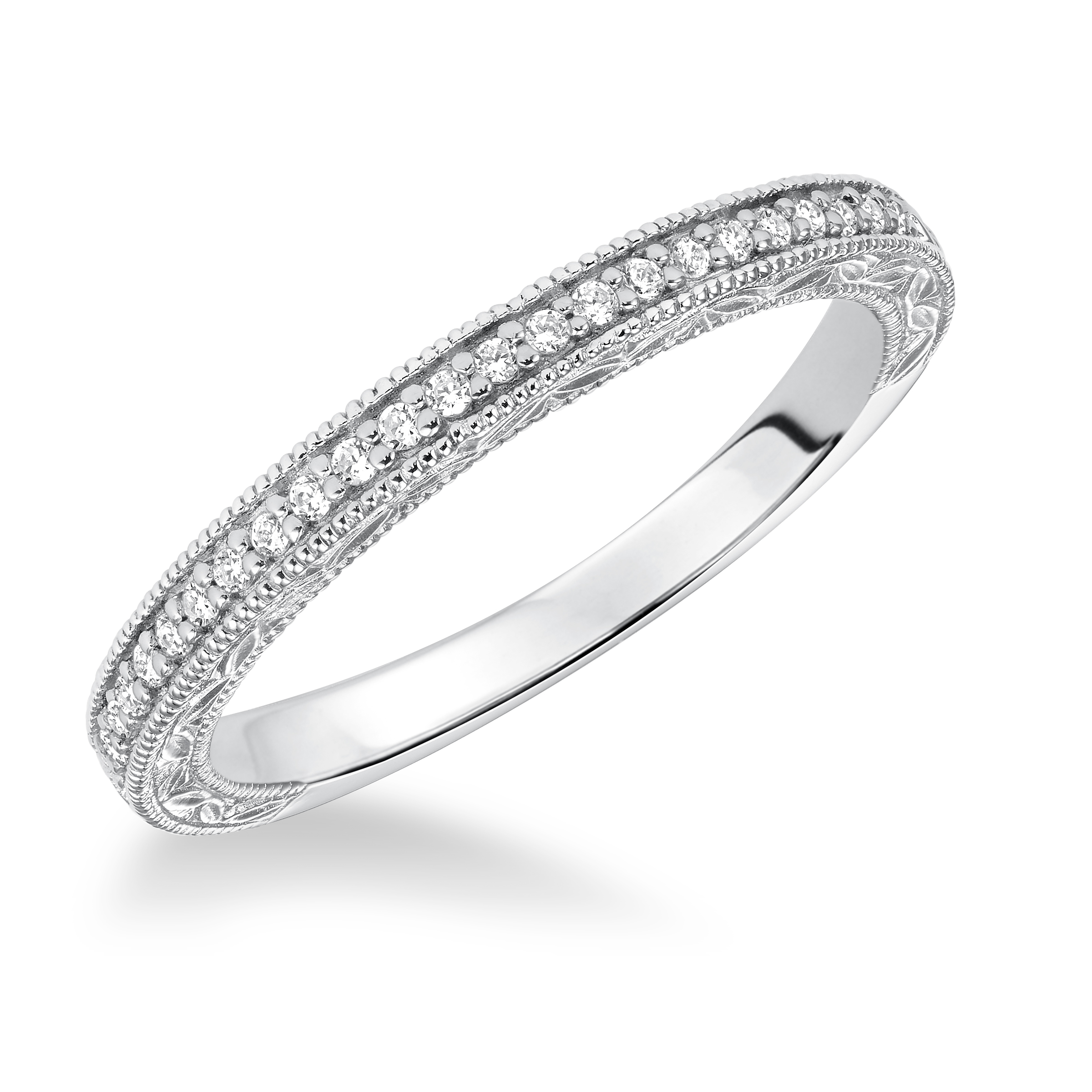 Diamond Accent Prong Set Engraved and Milgrain Wedding Band