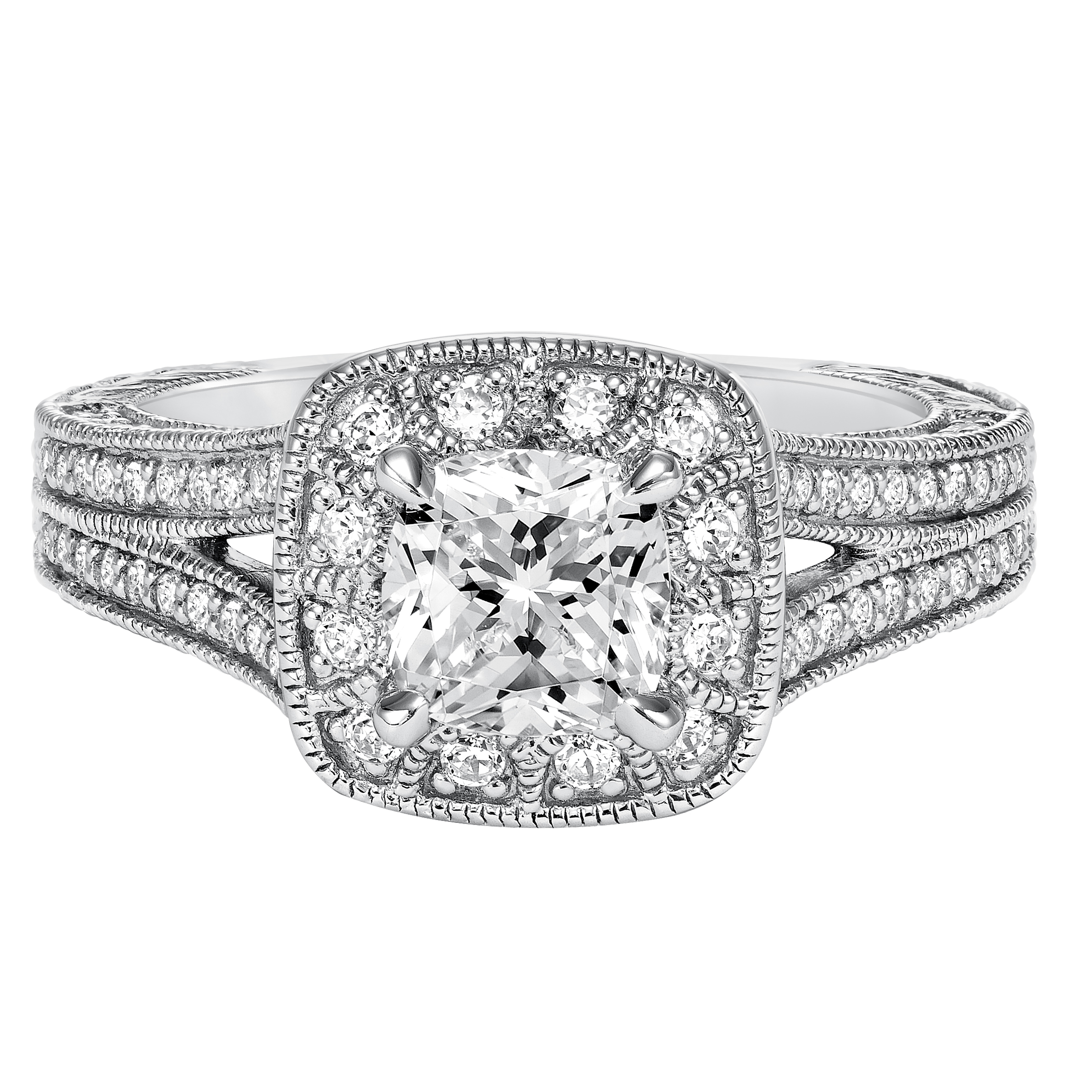 Diamond Prong Set Halo Engraved and Milgrain with Split Shank Engagement Ring