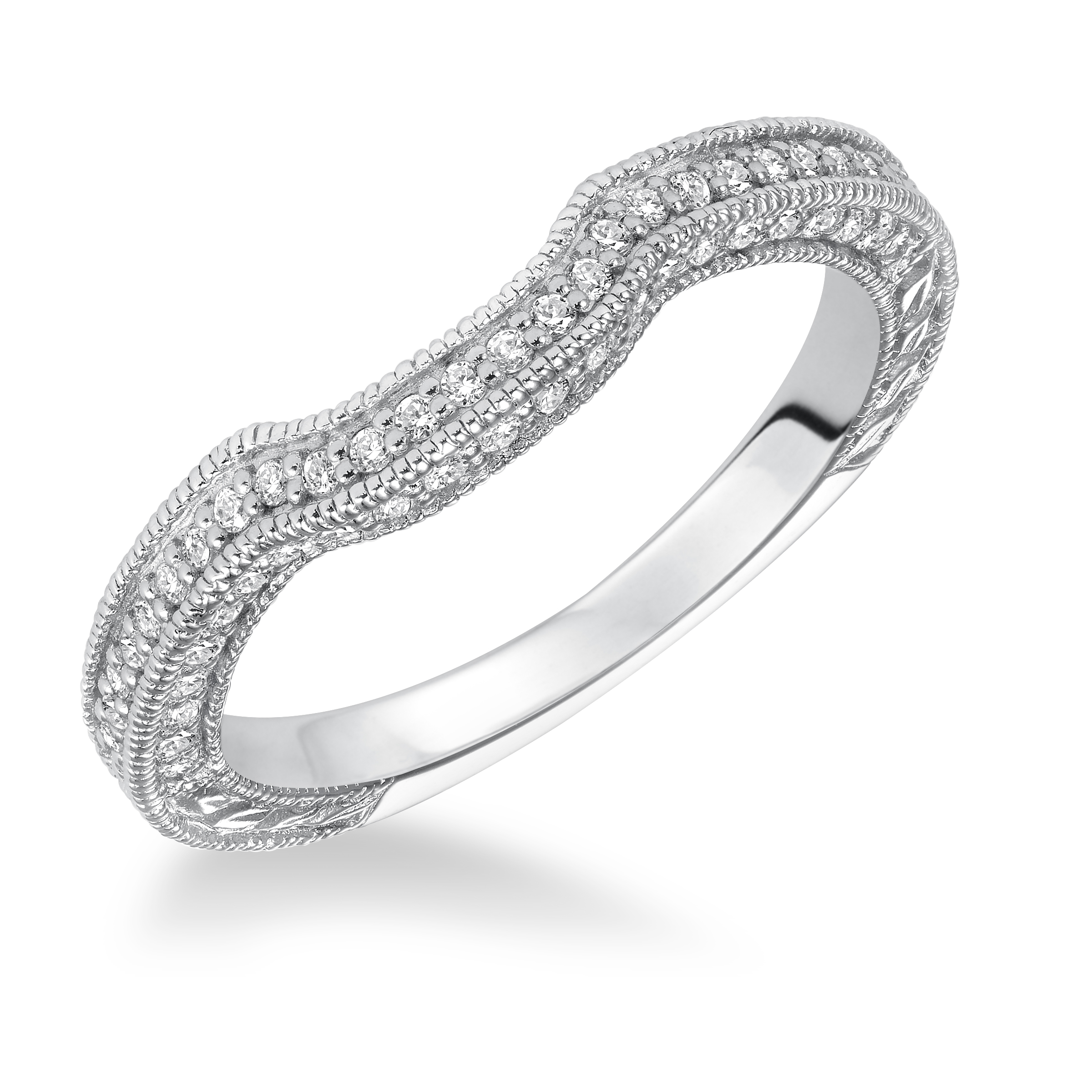 Curved Prong set Engraved and Milgrain Wedding Band