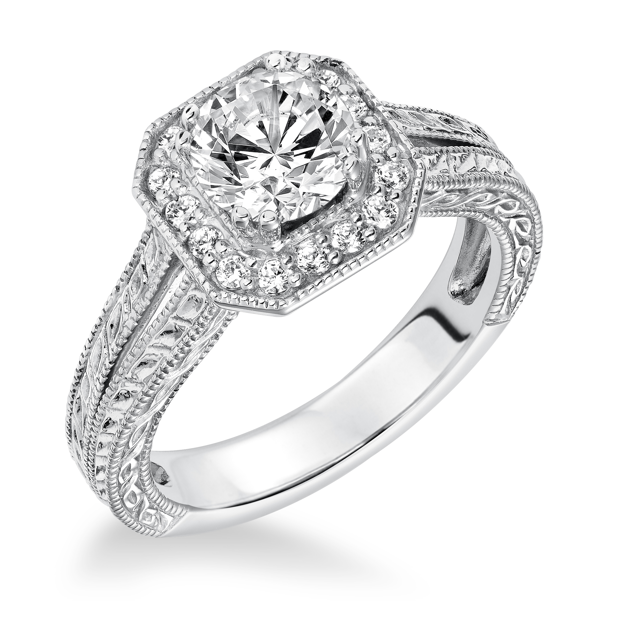 Engraved Halo with Milgrain and Split Shank Engagement Ring