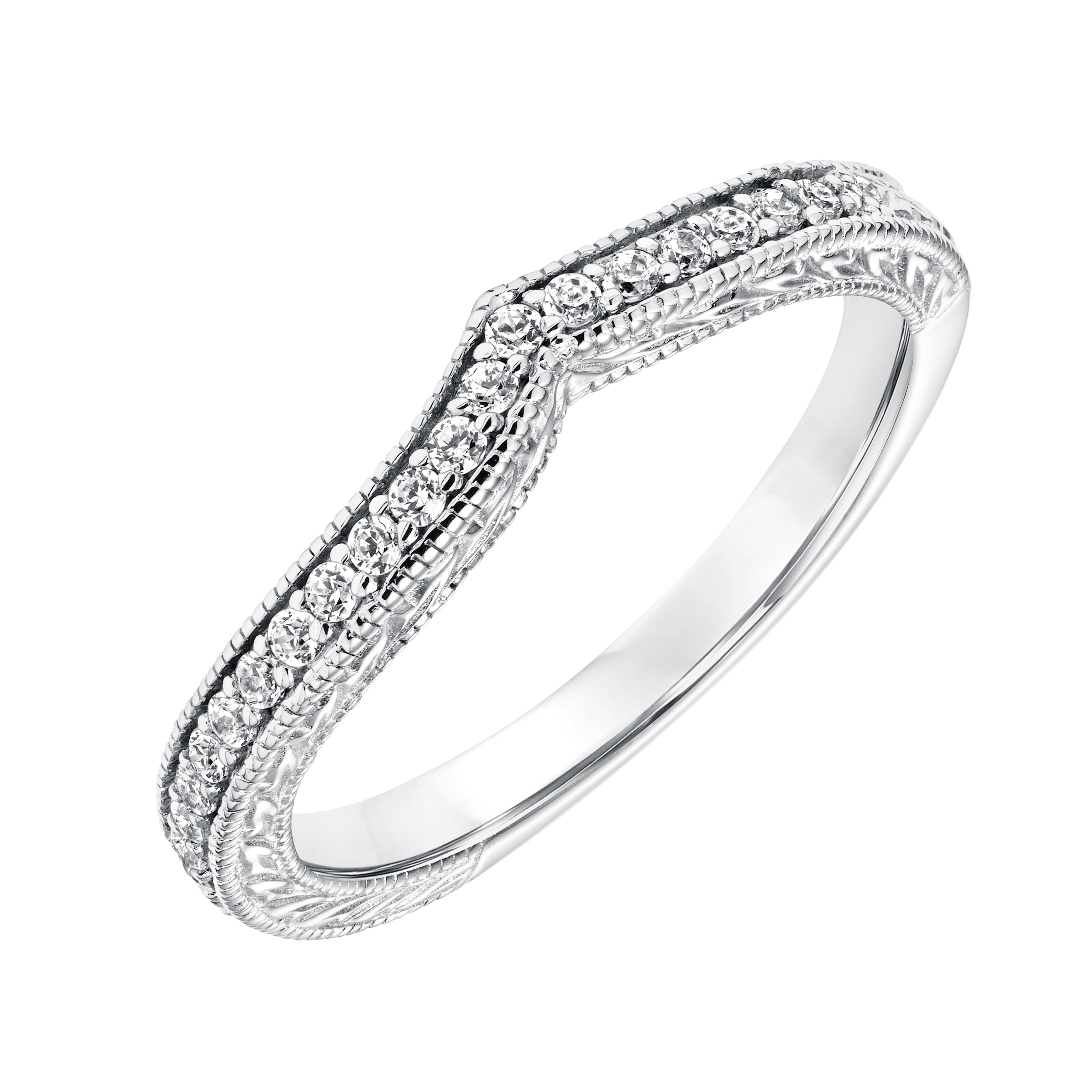 Diamond Curved Engraved and Milgrain Wedding Band