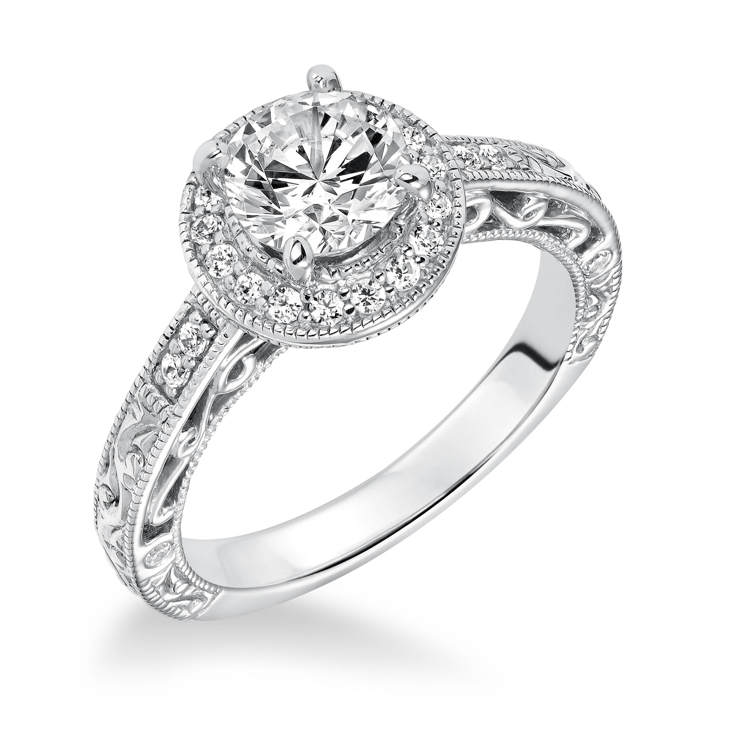 Engraved Halo  with Milgrain Engagement Ring