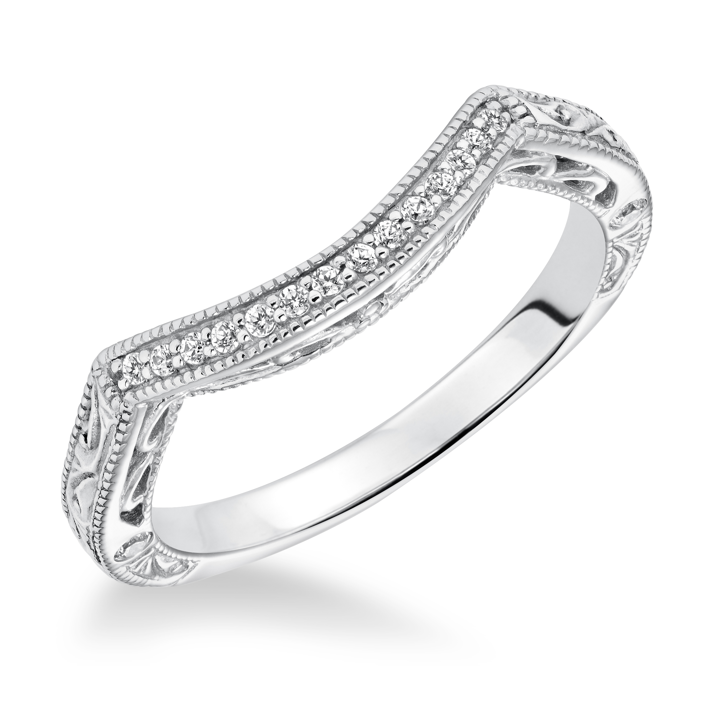 Diamond Curved Milgrain Wedding  Band