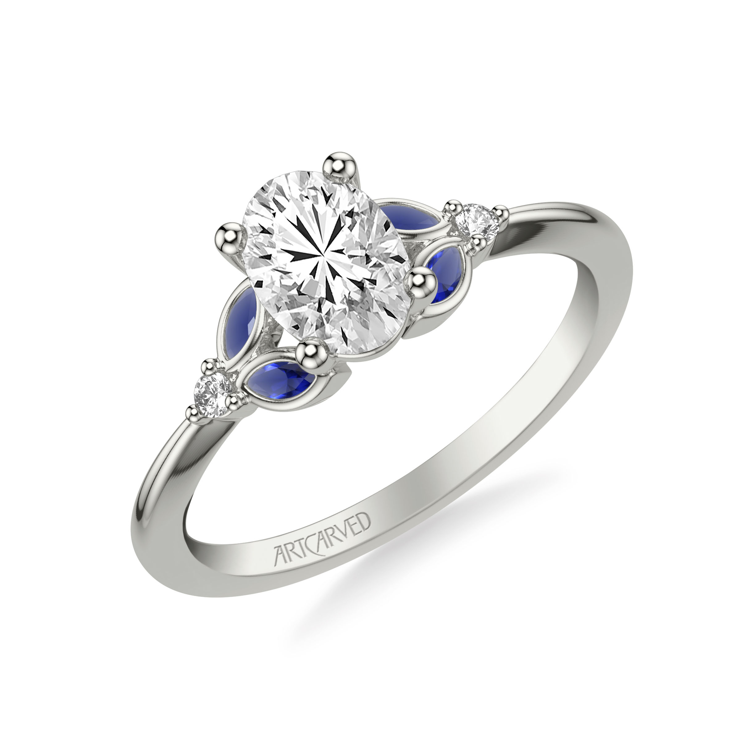 Contemporary Floral Engagement Ring with Marquise Blue Sapphire Petal Side Stones