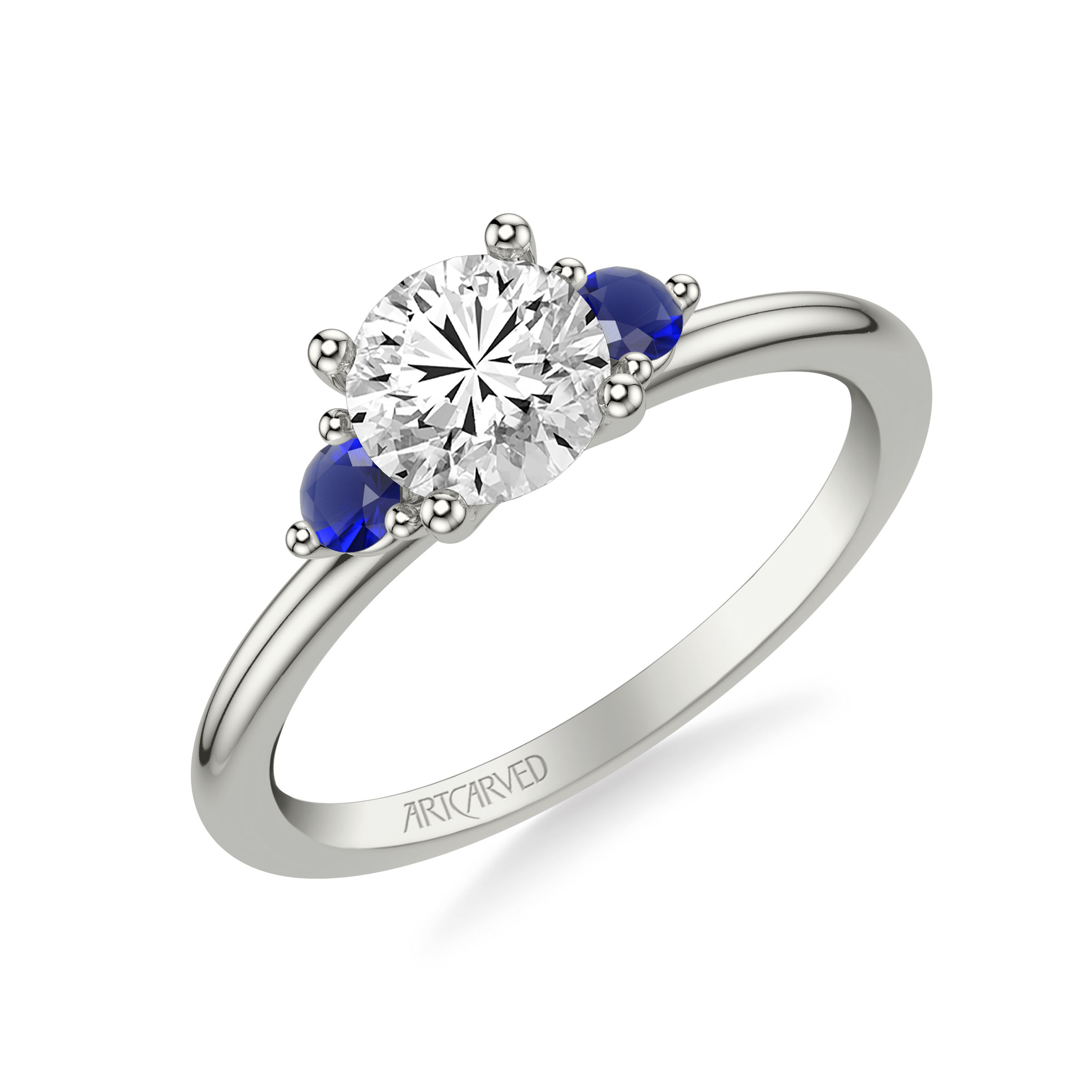 Classic Three Stone Diamond Engagement Ring with Round Blue Sapphire Side Stones