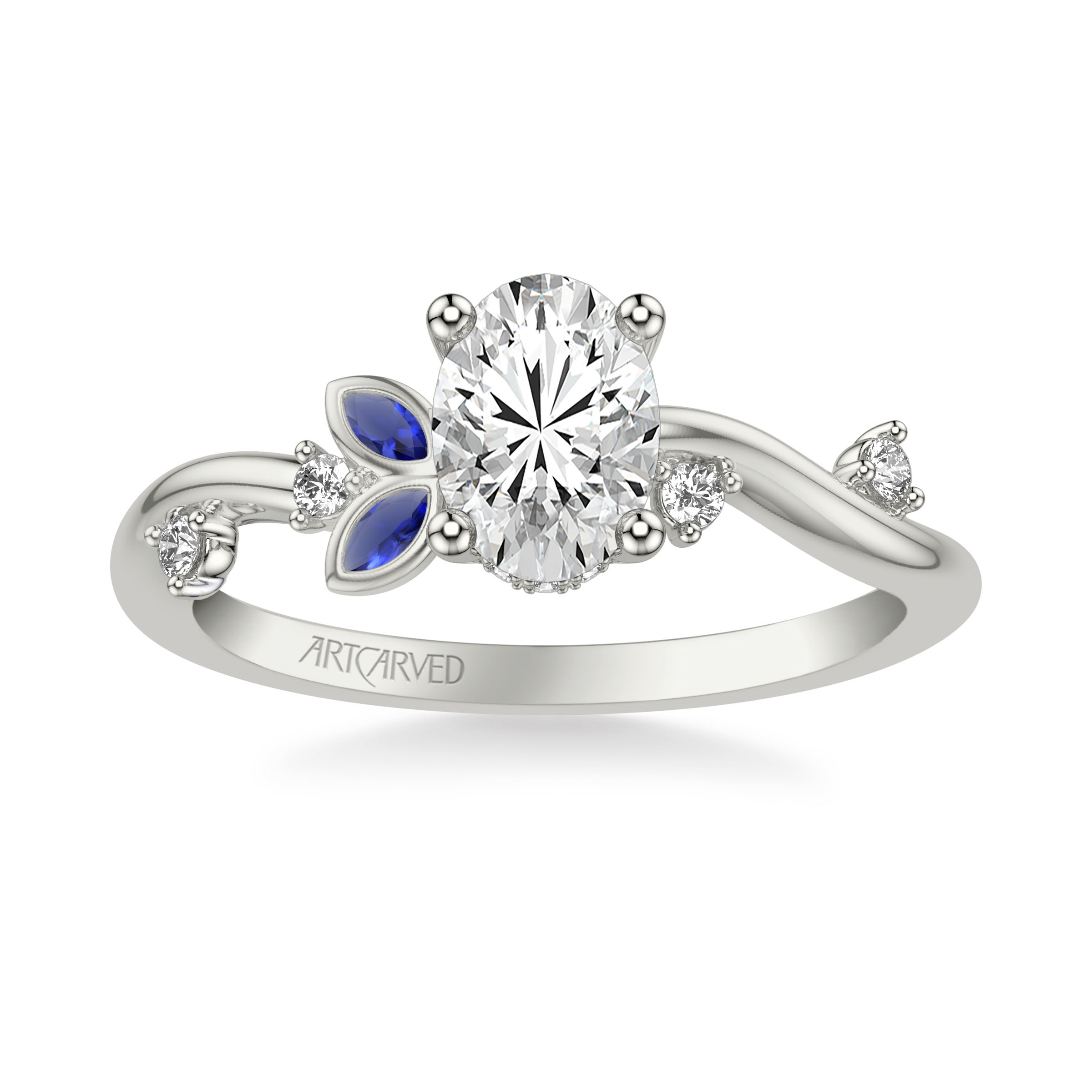 Contemporary Floral Diamond Engagement Ring with Marquise Blue Sapphire Petals and Diamond Accented Band