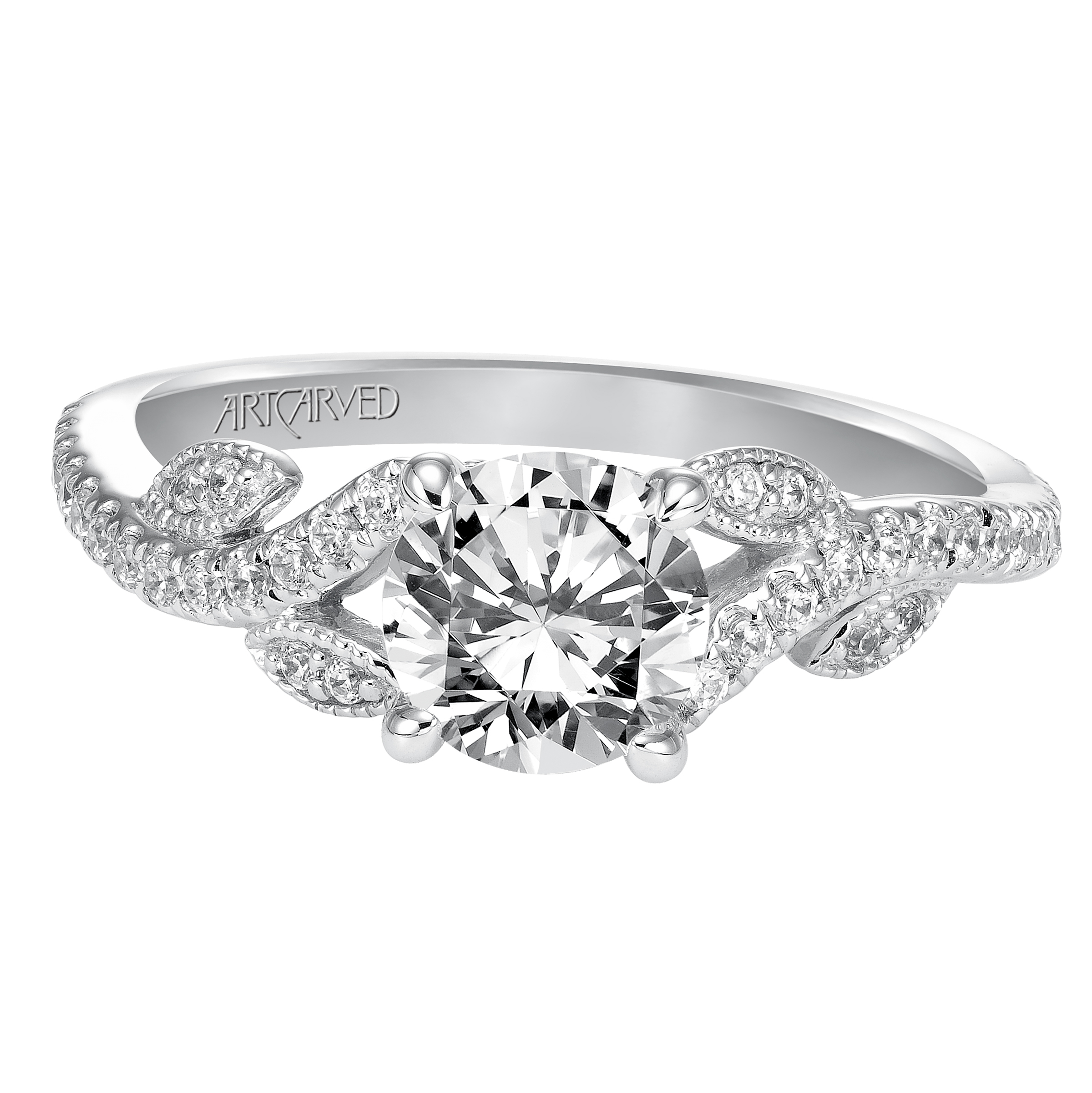 Floral Engagement Ring with Milgrain and Diamond Petal Accents and Diamond Shank