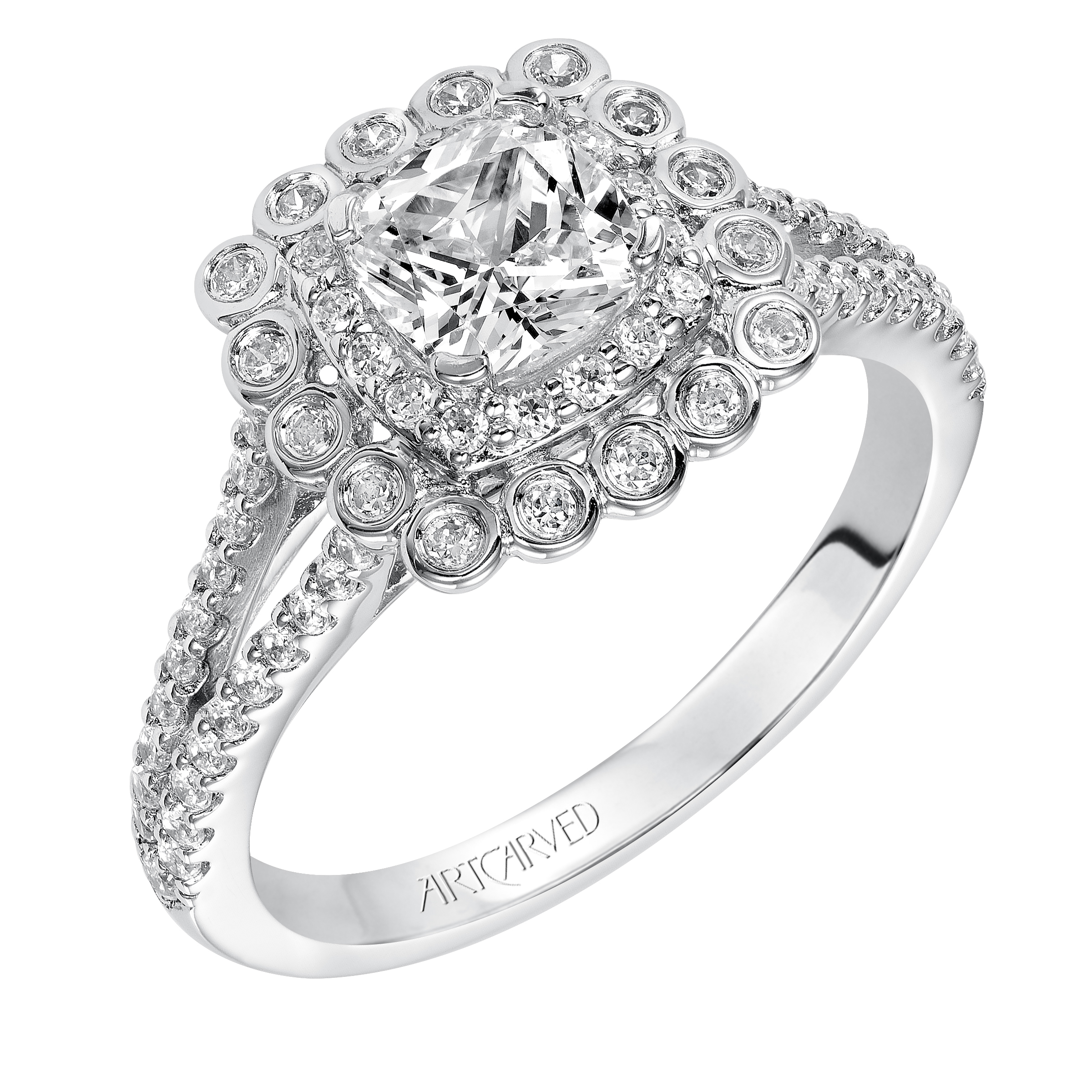 Ciana, Contemporary prong and bezel set double halo cushion shape diamond engagement ring with split shank with diamond accents