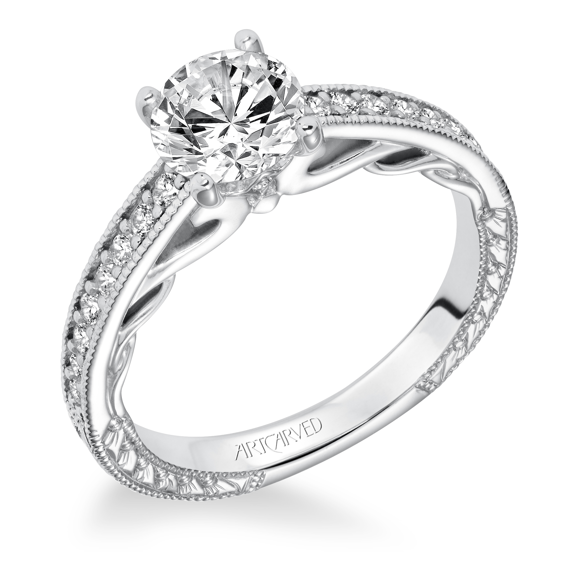 Hand Engraved and Milgrain Diamond Engagement Ring