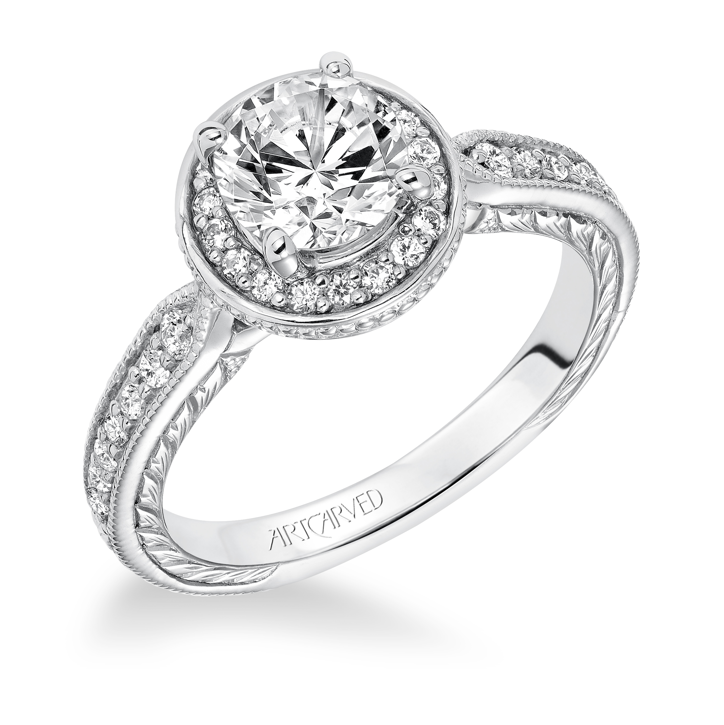 Halo Hand Engraved and Milgrain Diamond Engagement Ring