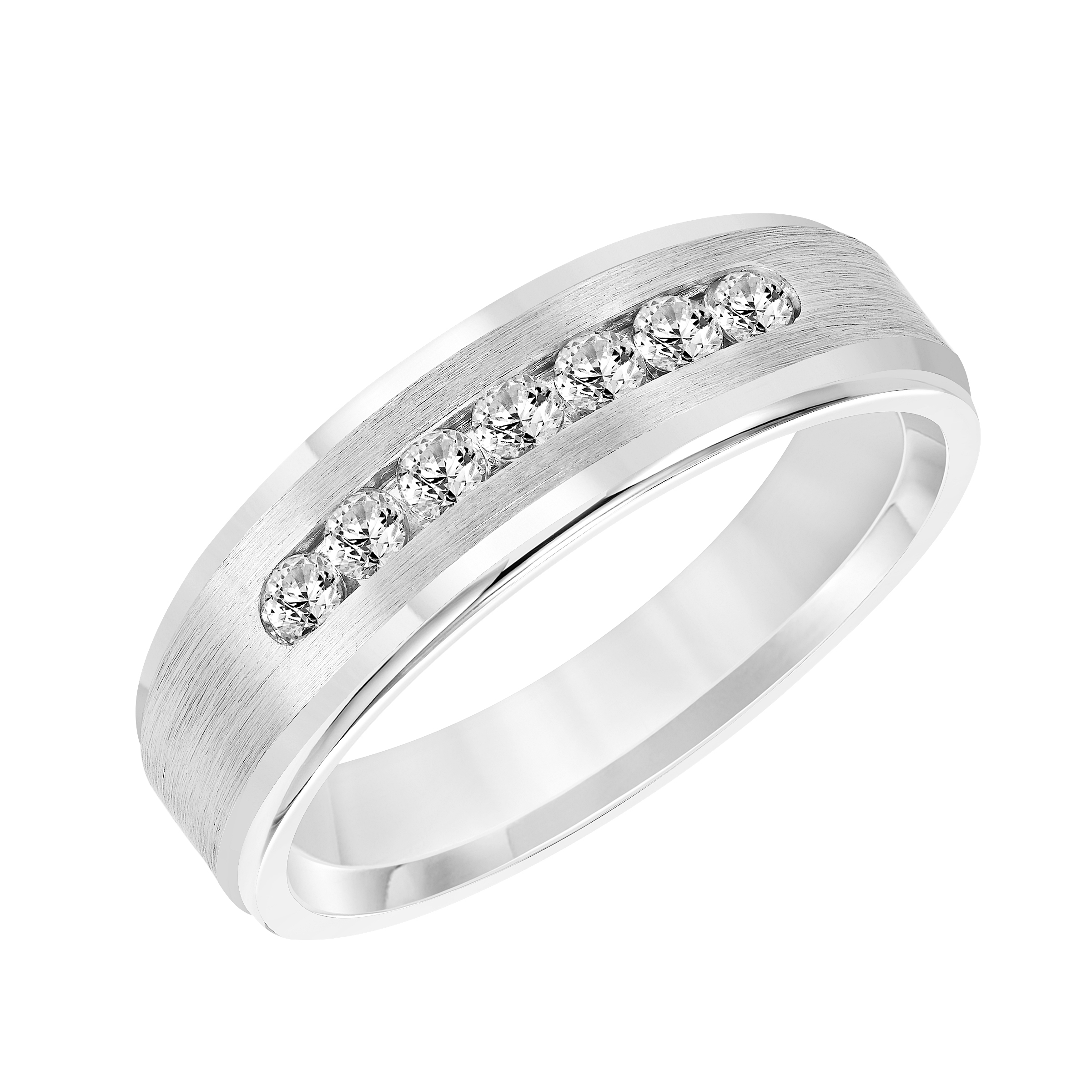 Men's Tapered Band with Domed Profile and Brushed Center with Channel Set Diamonds and Round Edge
