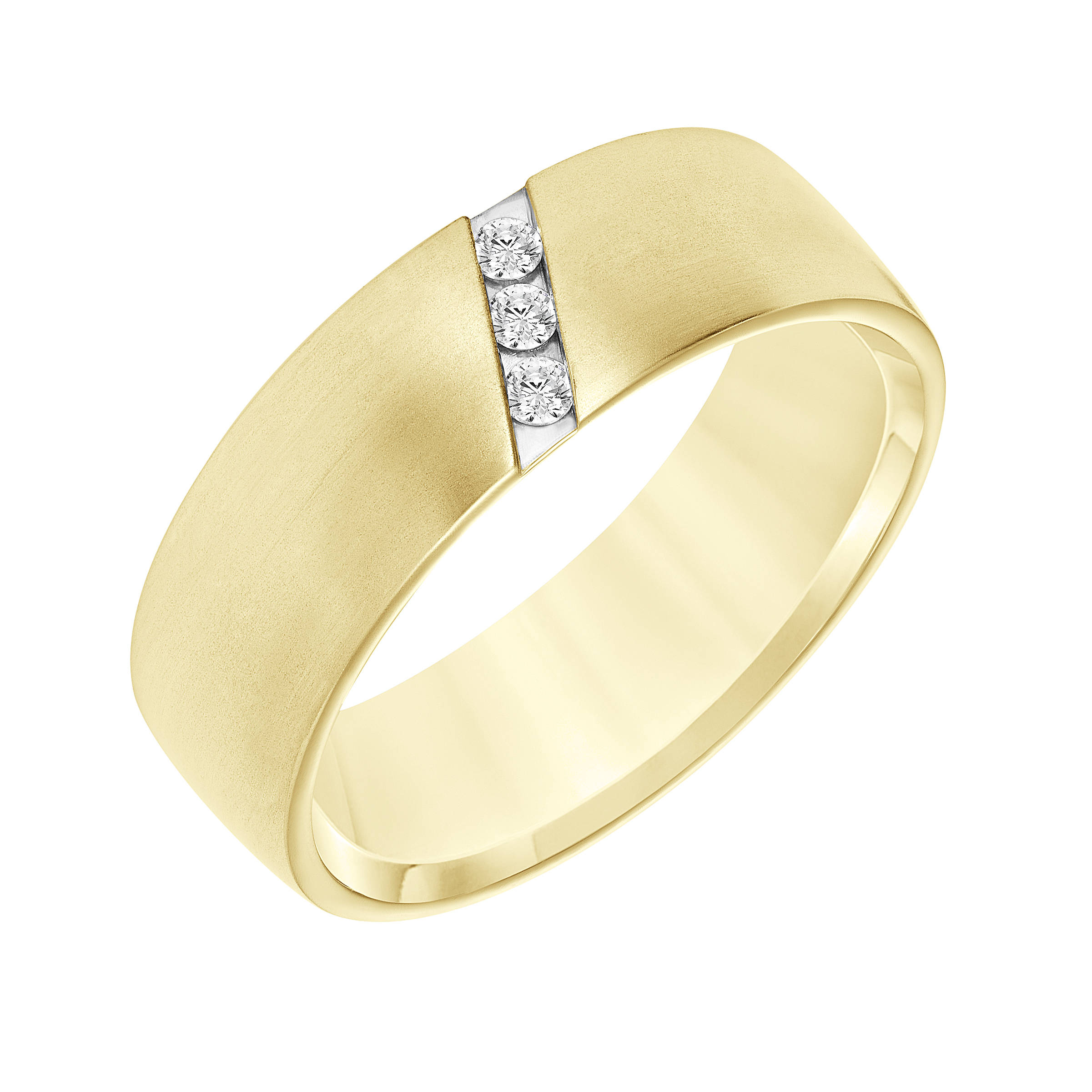 Ladies Band with Domed Brush Finish with Diagional Channel Set Diamond Detail and Rolled Edge