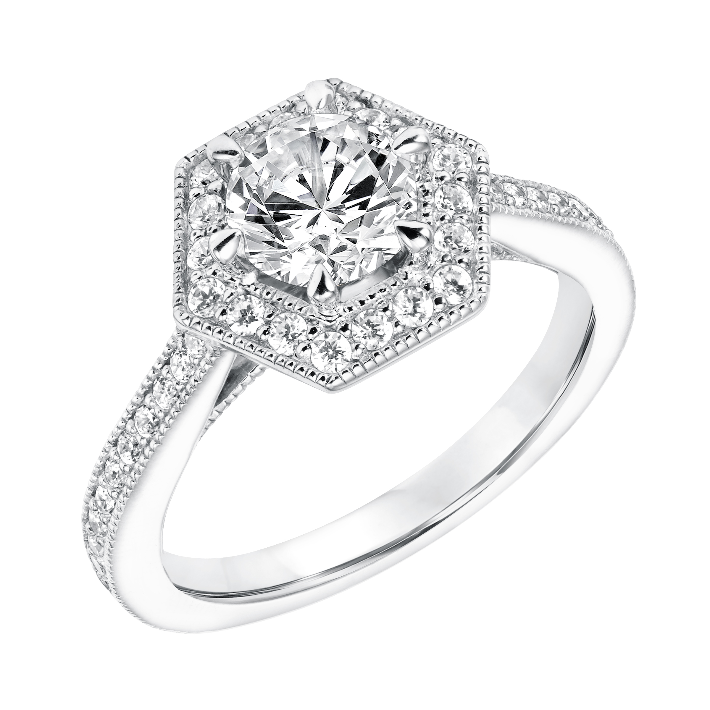 Diamond Halo Engagement  Ring with Diamond Shank and Milgrain Detail