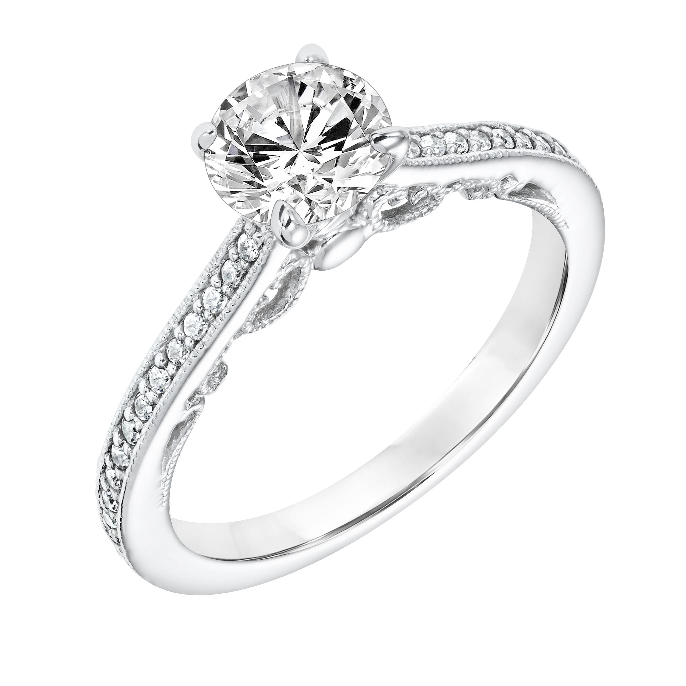 Diamond Prong Set Engagement Ring with Diamond Shank and Milgrain Detail