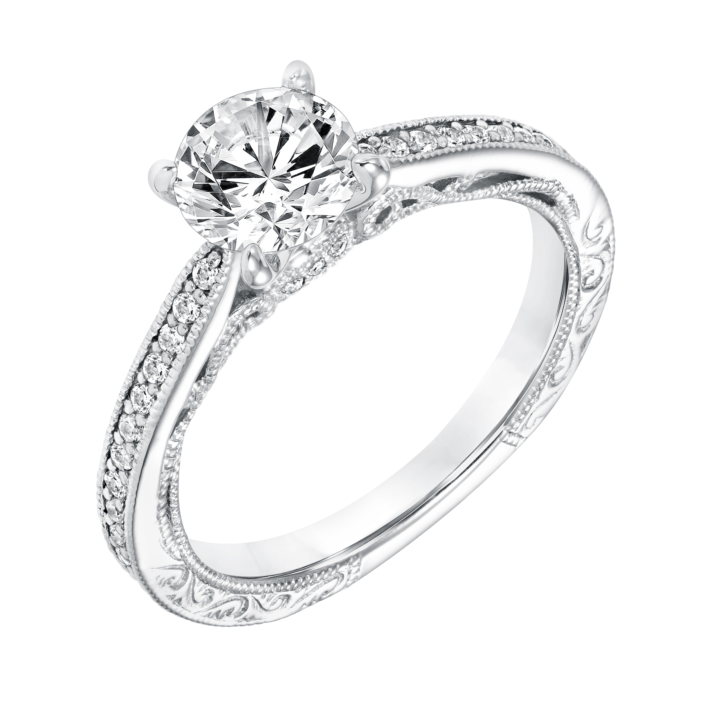 Diamond Engagement Ring with Engraved Diamond Shank  Filigree and Milgrain Detail