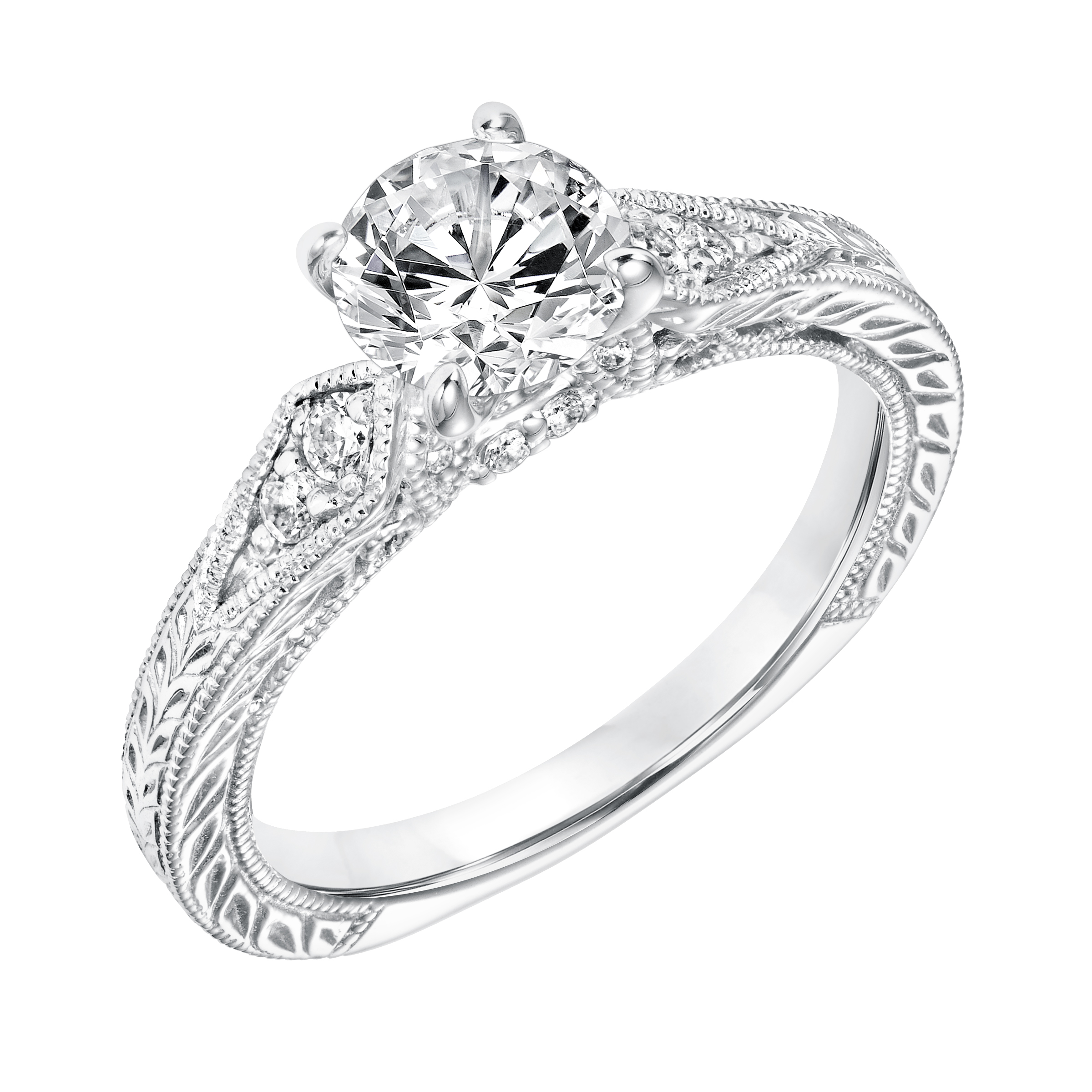 Diamond Prong Set Engagement Ring with Pinched Diamond Engraved  Shank and Milgrain Detail
