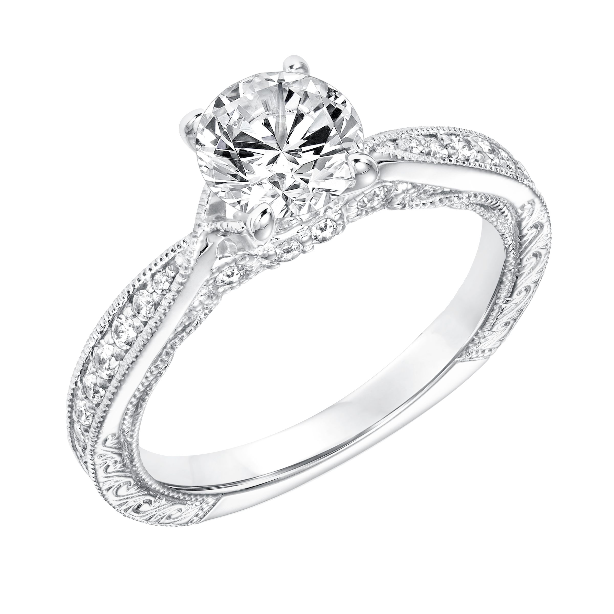 Diamond Prong Set Engagement Ring with Pinched Engraved Diamond Shank and Milgrain Detail