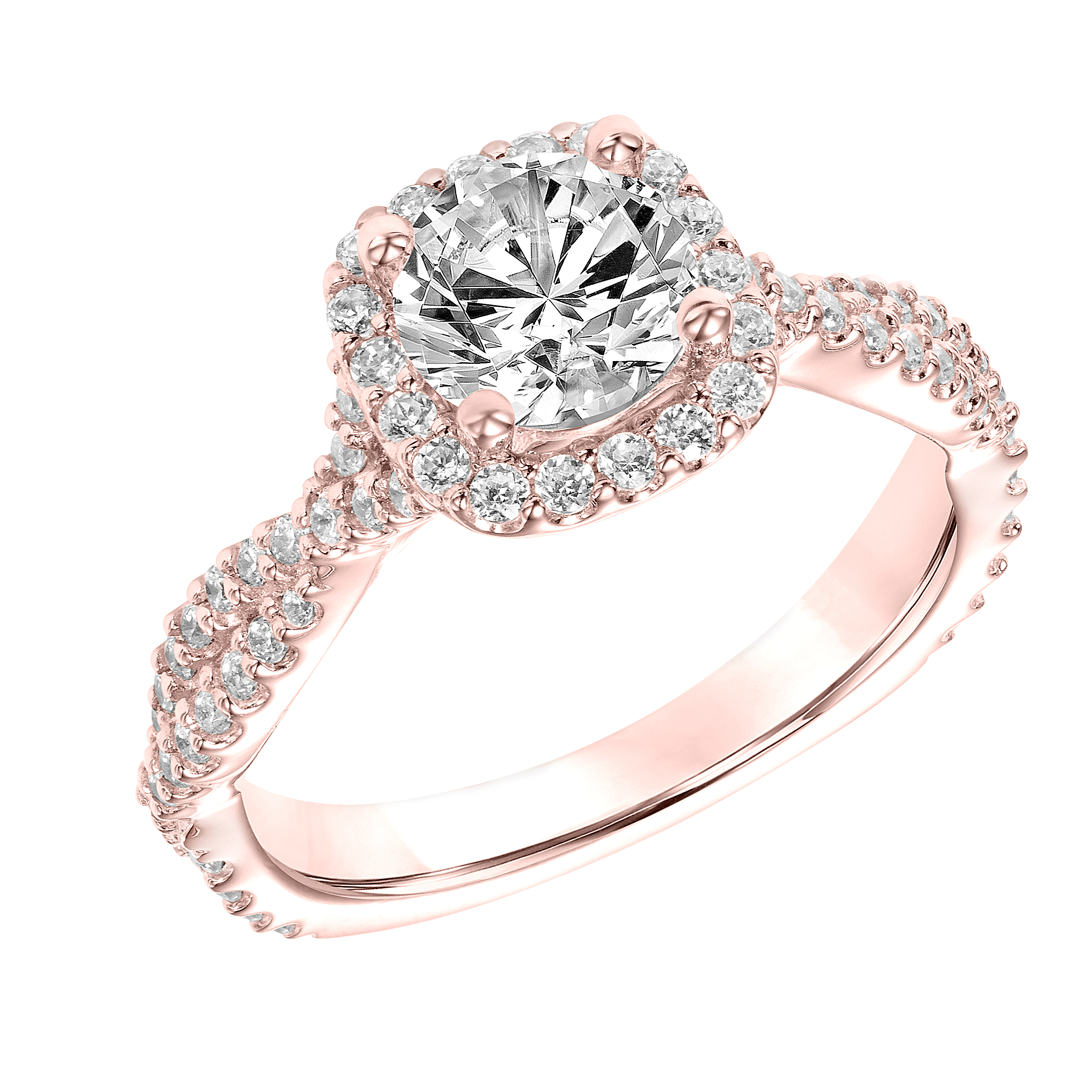 Diamond Halo Engagement Ring with Twisted Diamond Shank
