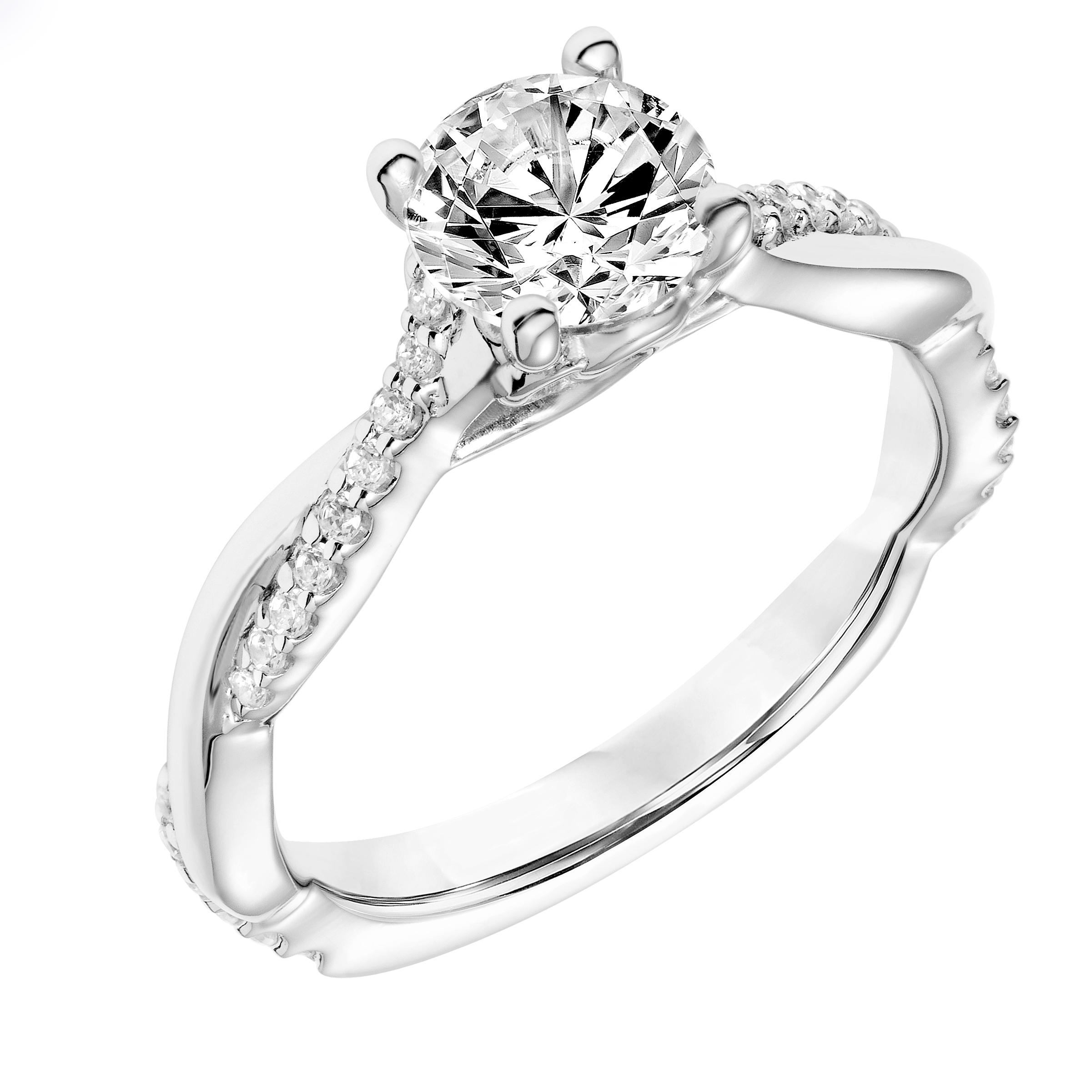 Diamond Prong Set Engagement Ring with Twisted Polished and Diamond Shank and Designed Gallery