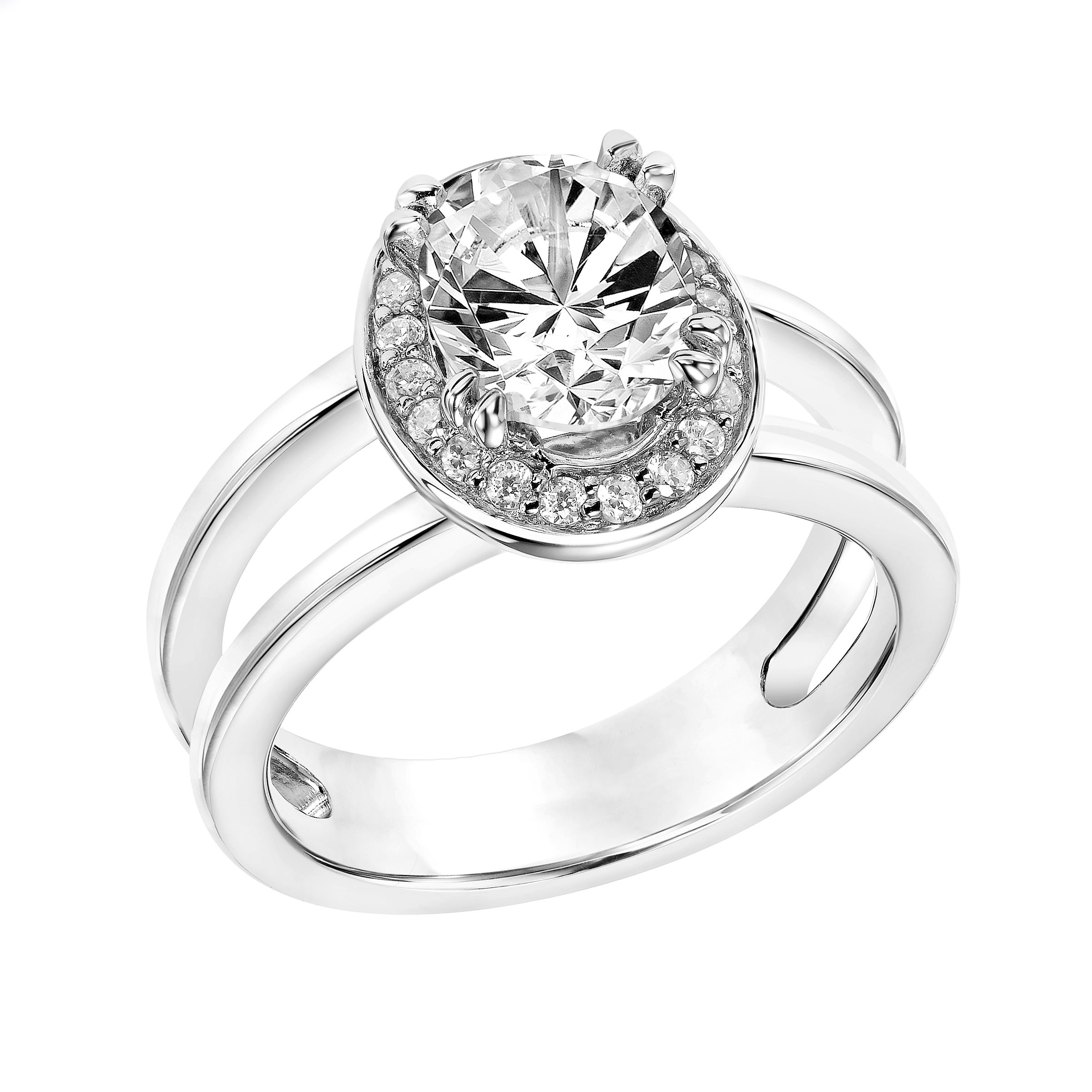 Diamond Halo Engagement Ring with Multi Row Polished Shank