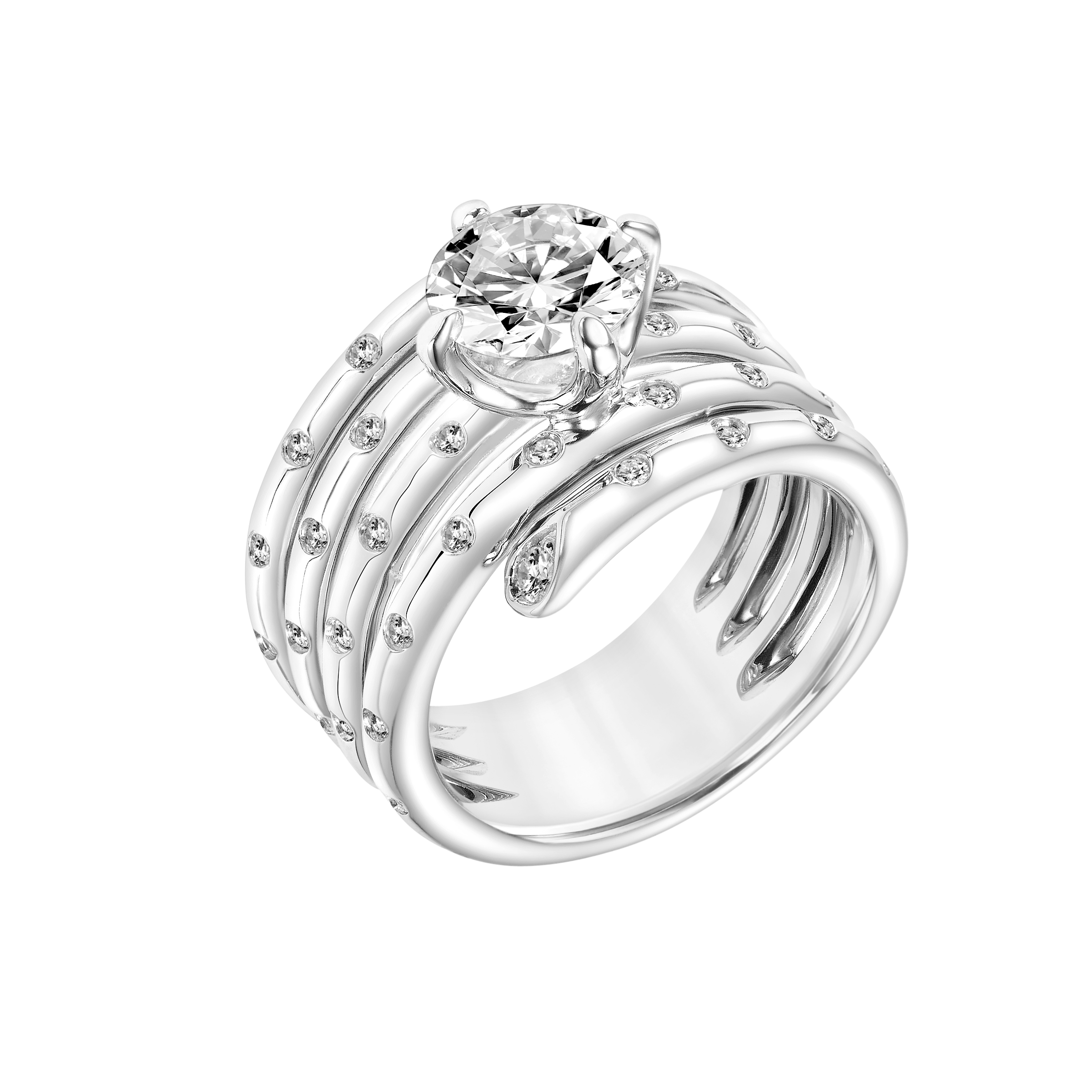 Multi Row Polished Wrap with Scattered Diamonds and Diamond Tips with East West Prong Set Diamond Center