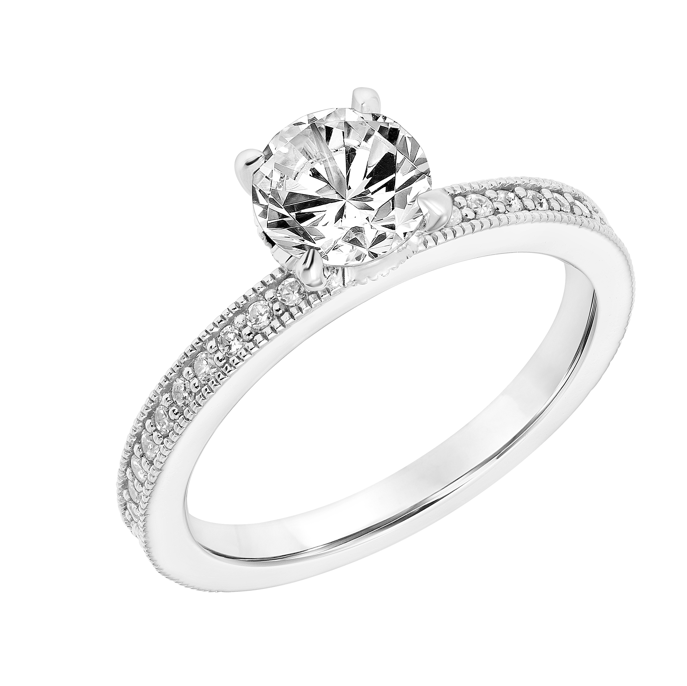 Diamond Enhanced Prongs with Horizontal Diamond Stations and Diamond Shank with Milgrain Accent