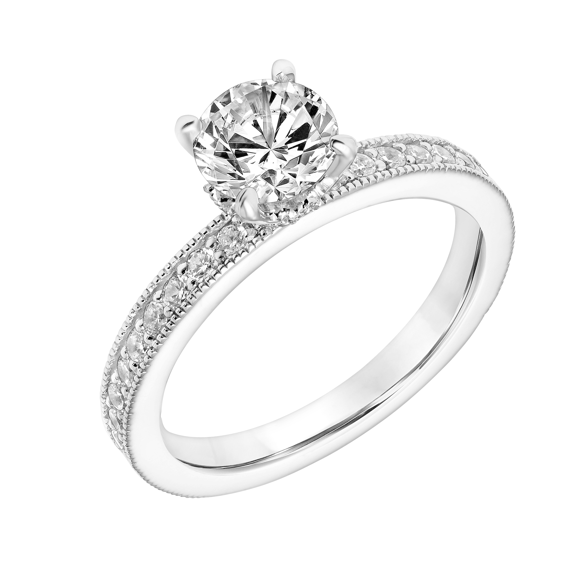 Diamond Enhanced Prongs with Horizontal Diamond Stations and Diamond Shank with Milgrain Accent