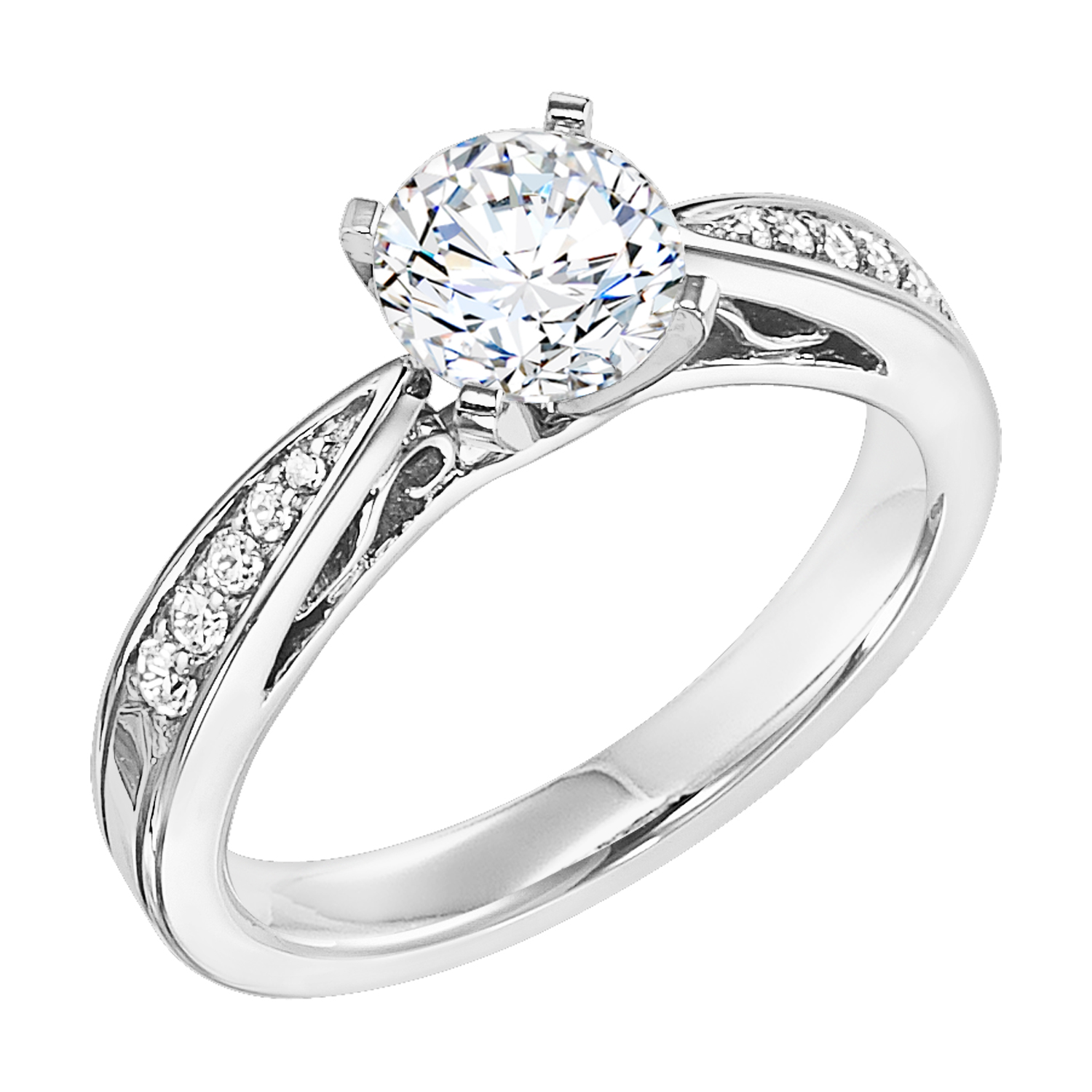 This brilliant round diamond is accentuated by an elegantly tapered channel set band with intricate filigree