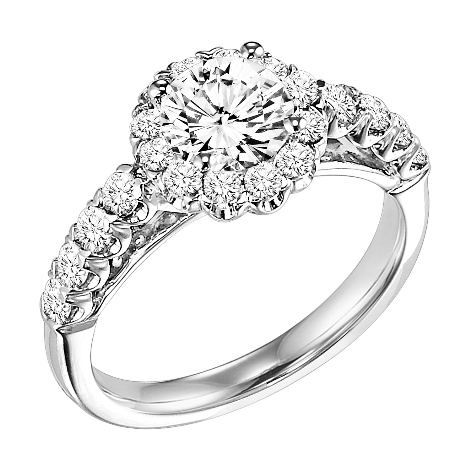 Engagement ring features an oval cut diamond accentuated by an exquisitely set diamond shared prong halo and band for maximum sparkle