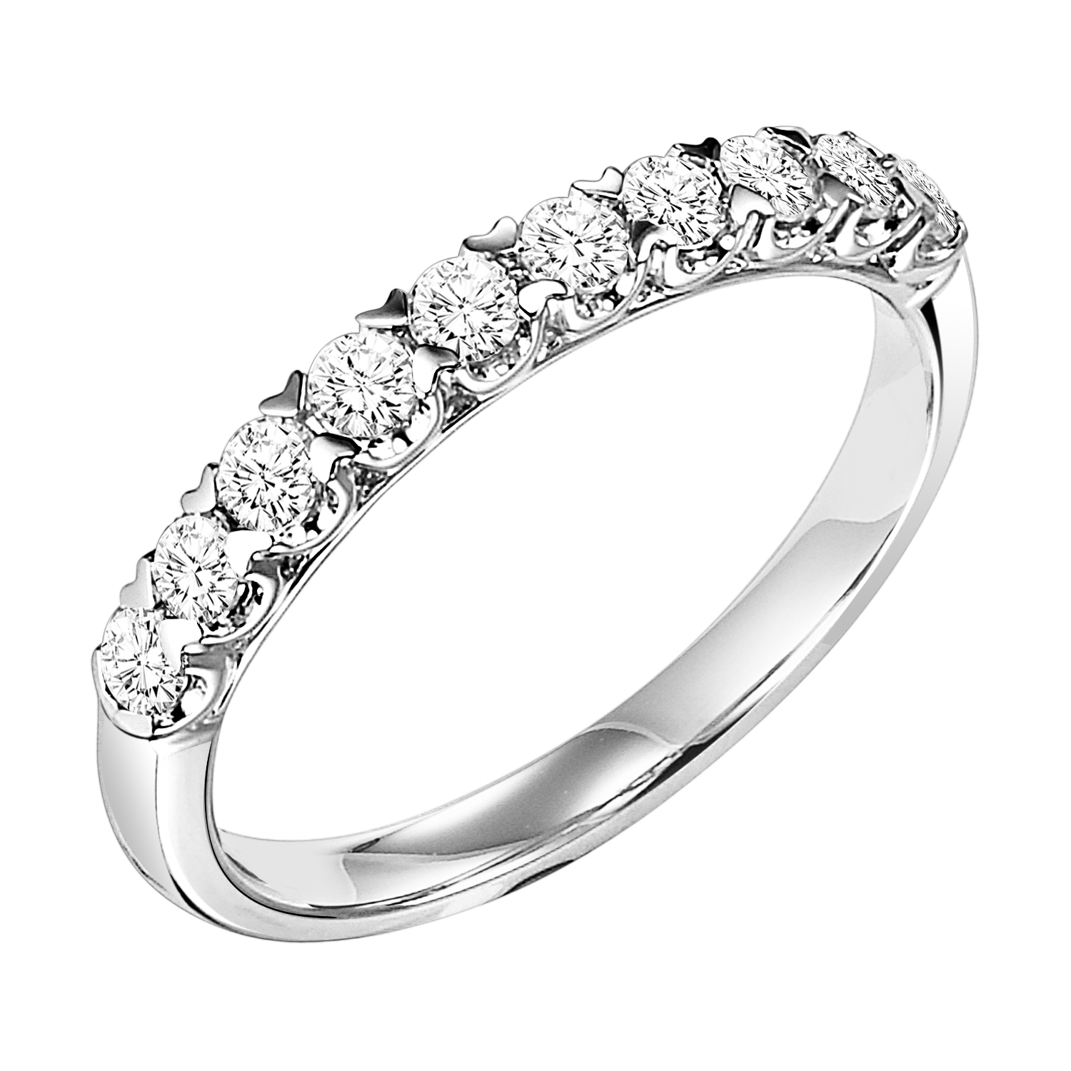 Wedding band with shared prong set, round diamonds.